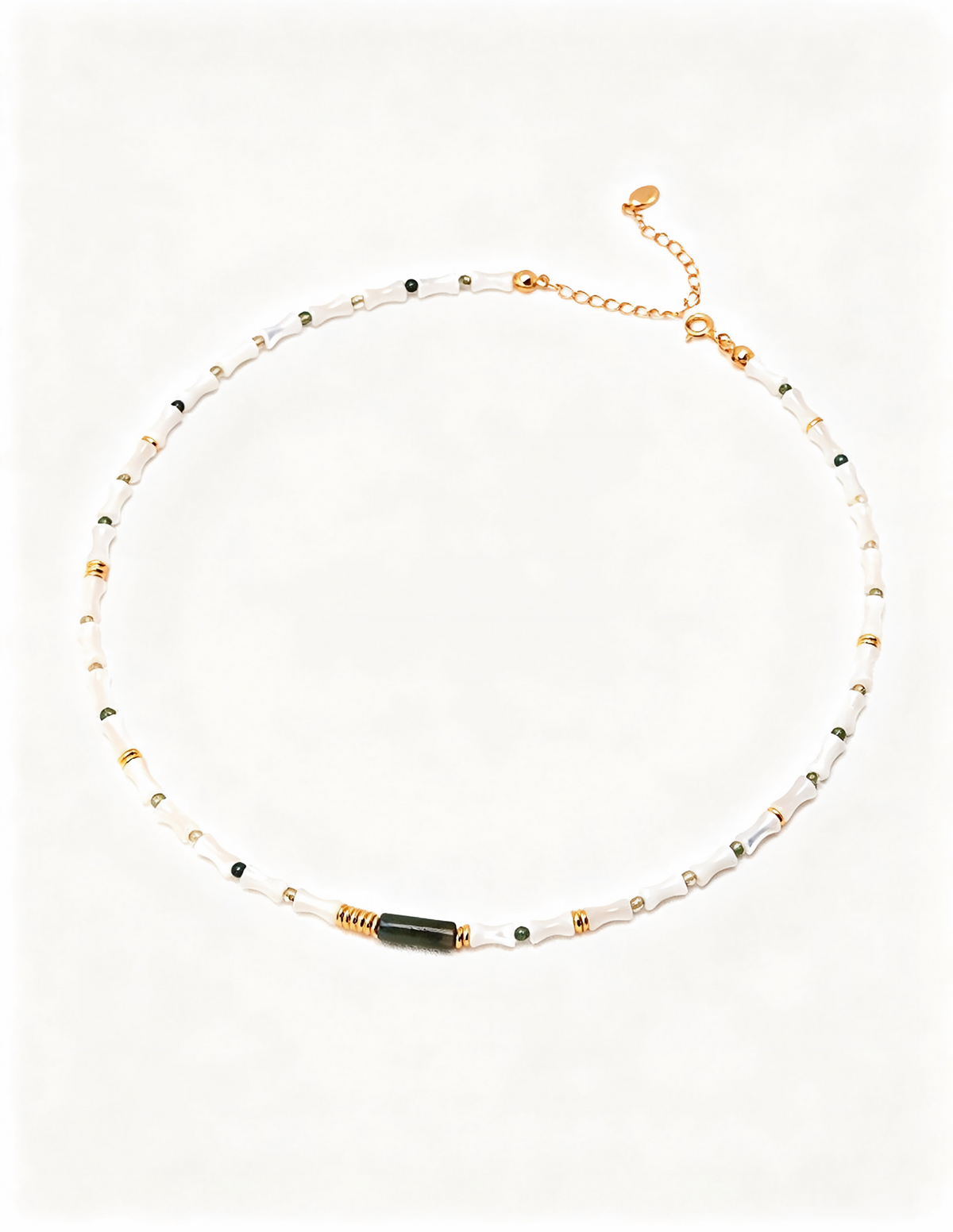 Bamboo Knot Mother-of-Pearl Necklace — 18K Gold Vermeil, natural mother-of-pearl, green phantom quartz | SENLORE