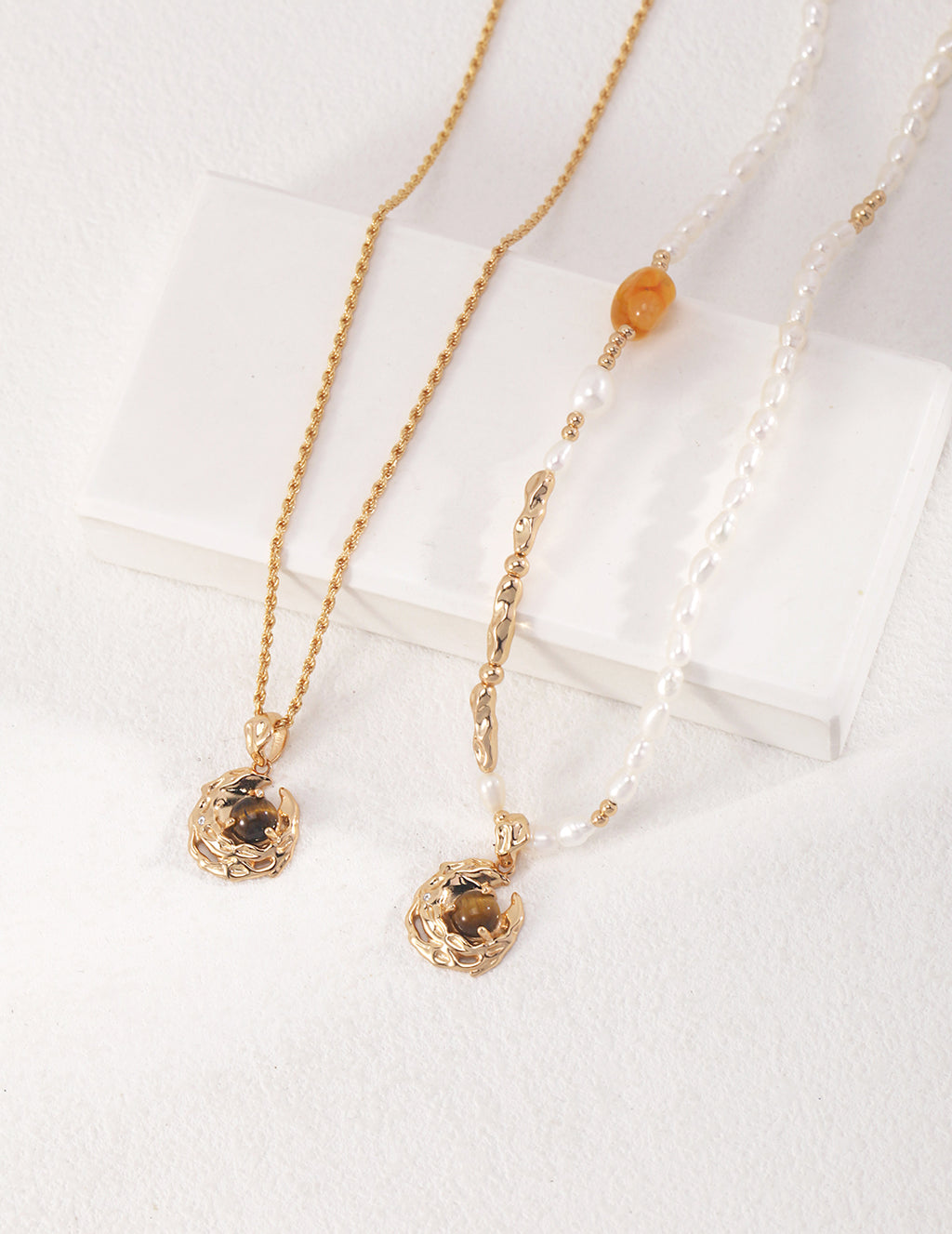 Tiger's Eye Honey Amber Pearl Necklace — 18K Gold Vermeil, tiger's eye, honey amber, natural freshwater pearl | SENLORE