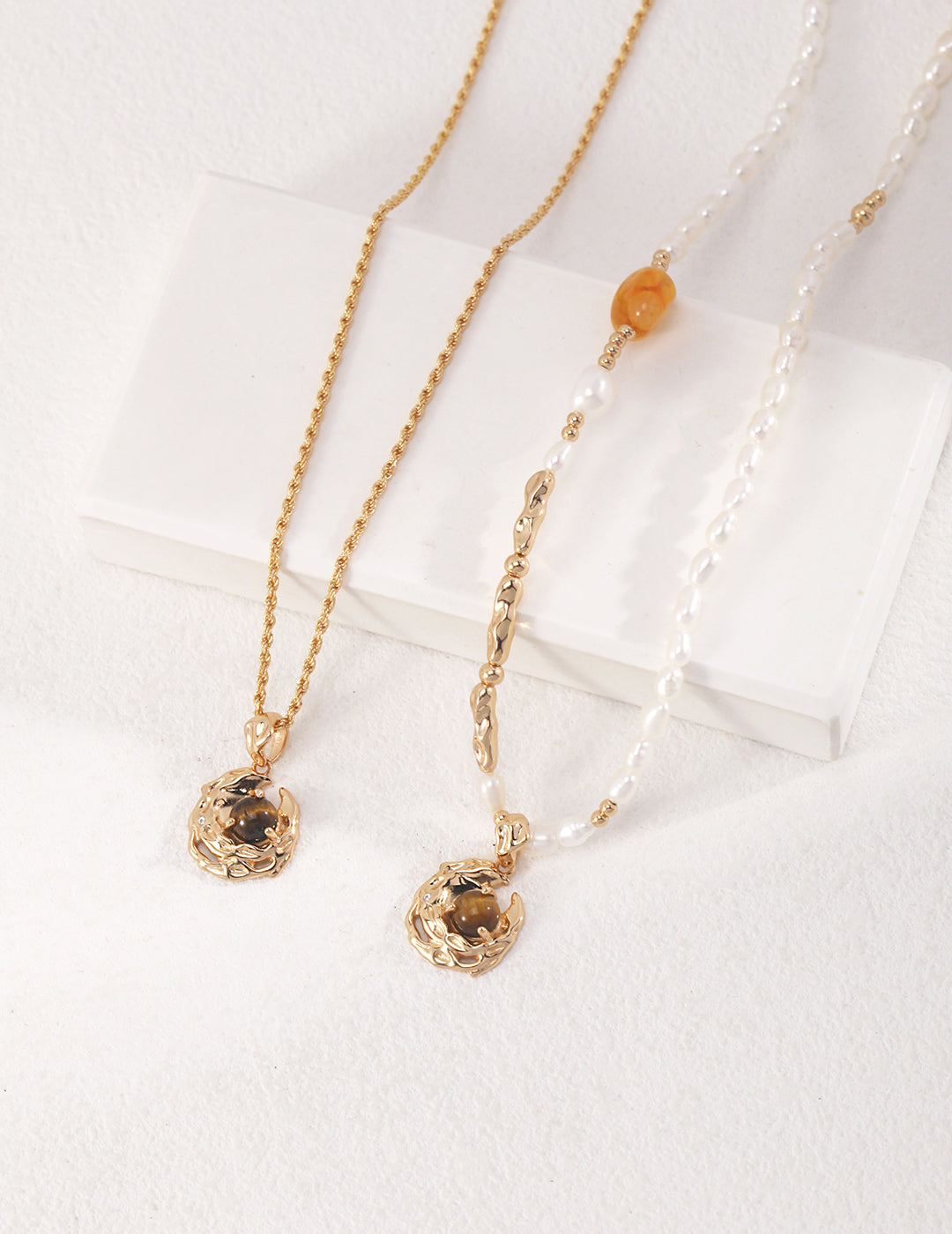Tiger's Eye Honey Amber Pearl Necklace — 18K Gold Vermeil, tiger's eye, honey amber, natural freshwater pearl | SENLORE