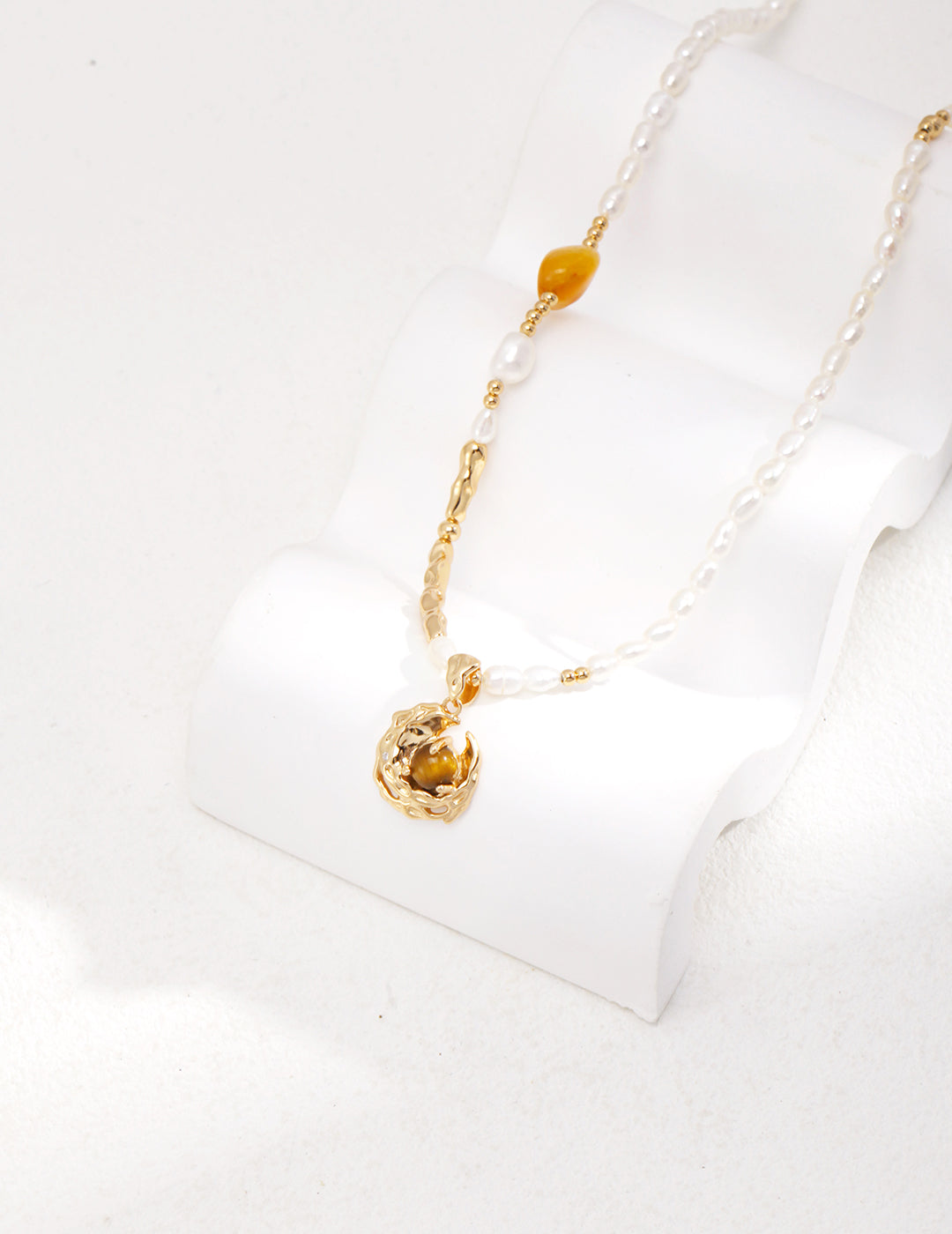 Tiger's Eye Honey Amber Pearl Necklace — 18K Gold Vermeil, tiger's eye, honey amber, natural freshwater pearl | SENLORE