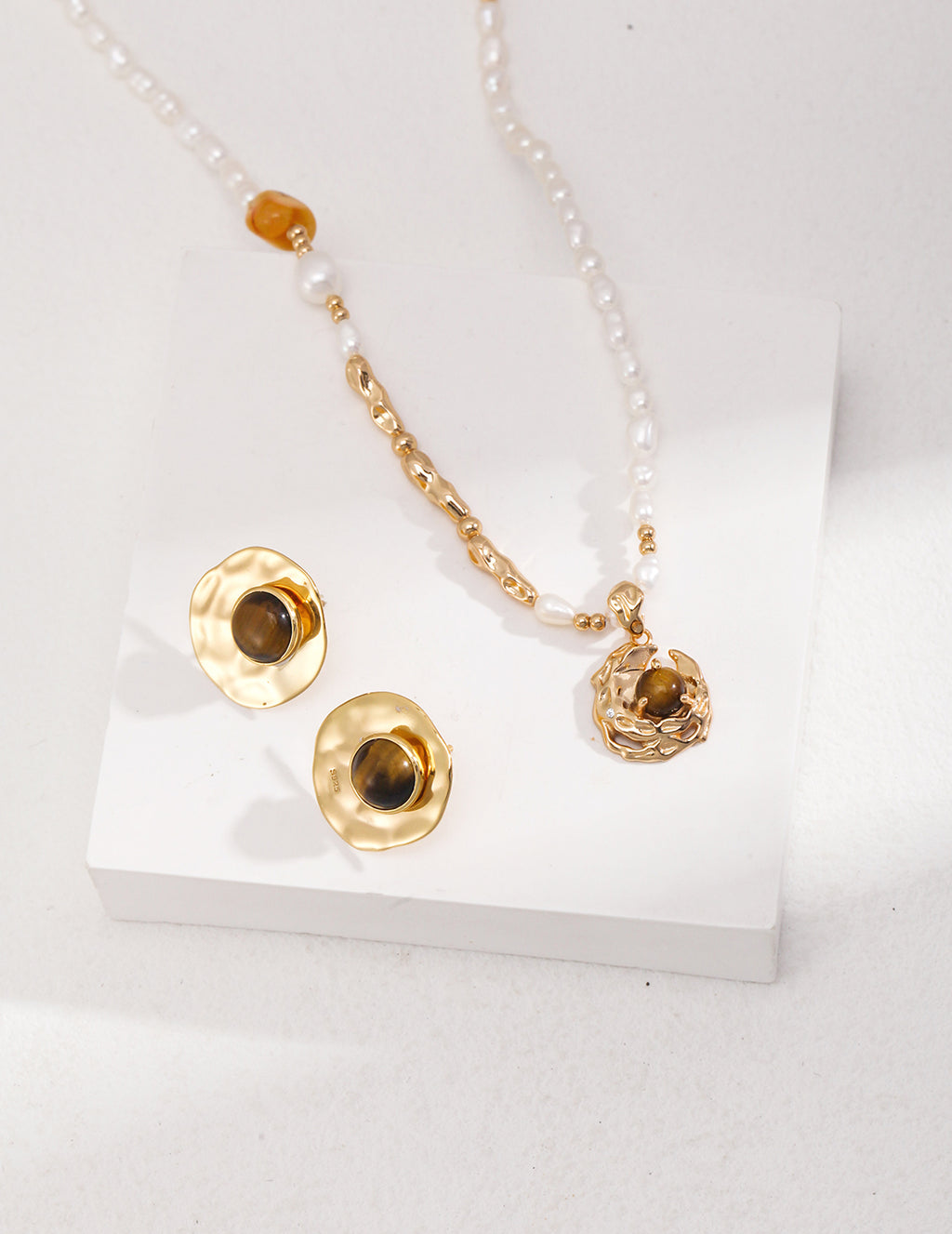 Tiger's Eye Honey Amber Pearl Necklace — 18K Gold Vermeil, tiger's eye, honey amber, natural freshwater pearl | SENLORE