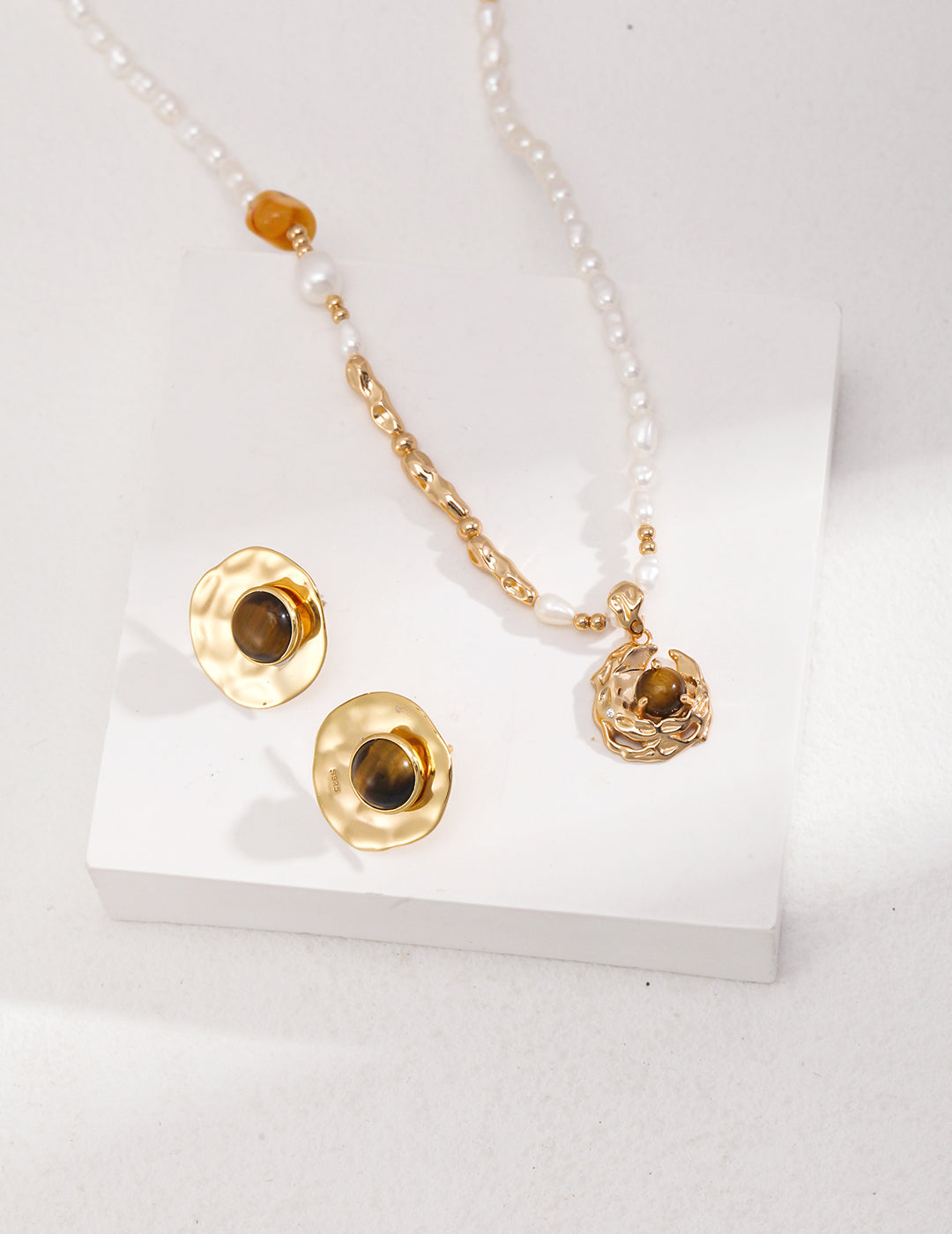 Tiger's Eye Honey Amber Pearl Necklace — 18K Gold Vermeil, tiger's eye, honey amber, natural freshwater pearl | SENLORE