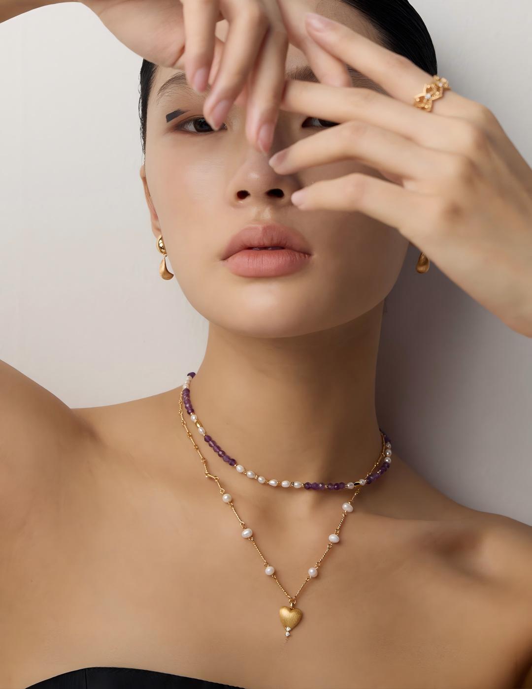 Frosted Heart Pearl Necklace — 18K Gold Vermeil, natural freshwater pearl, cubic zirconia | SENLORE