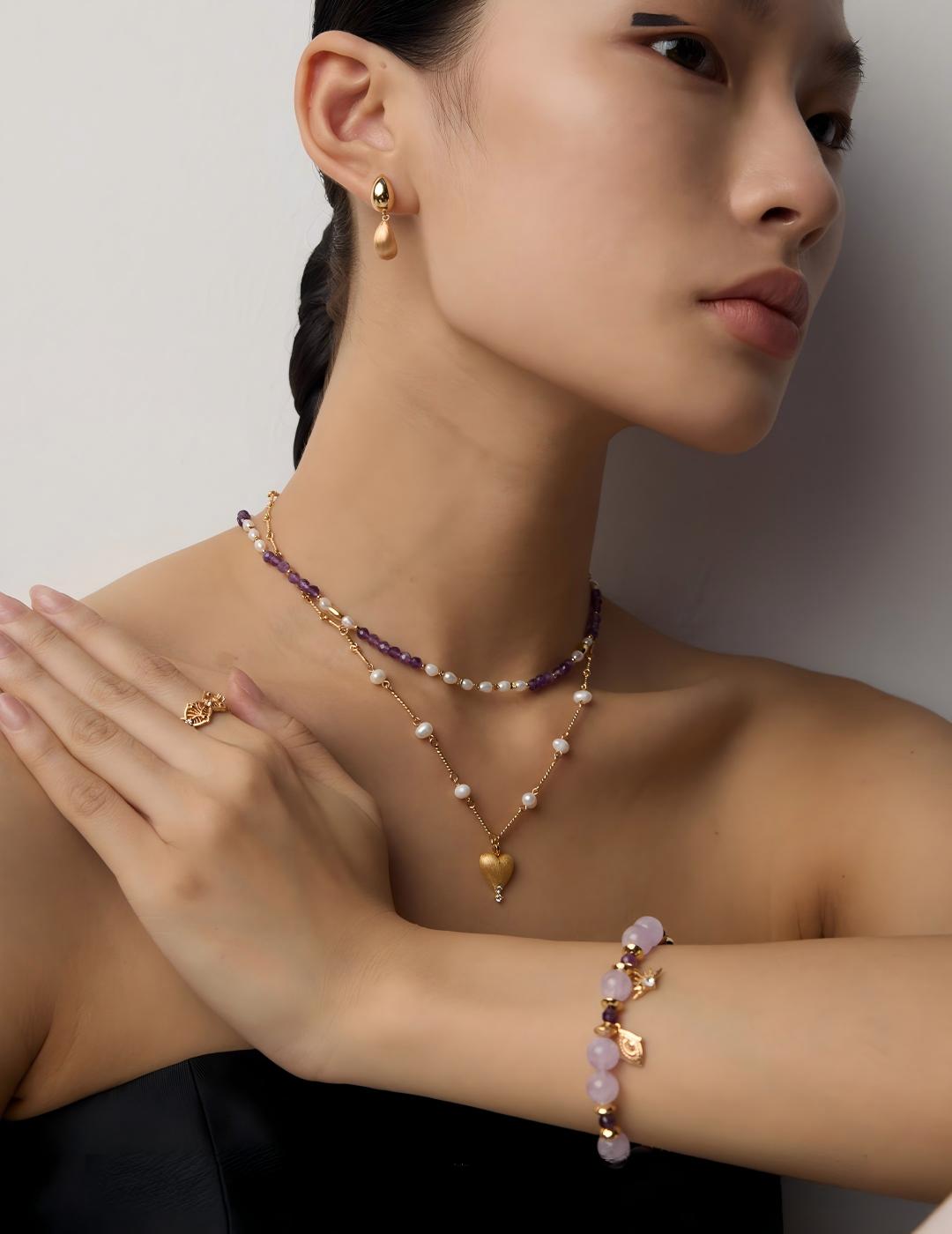 Frosted Heart Pearl Necklace — 18K Gold Vermeil, natural freshwater pearl, cubic zirconia | SENLORE
