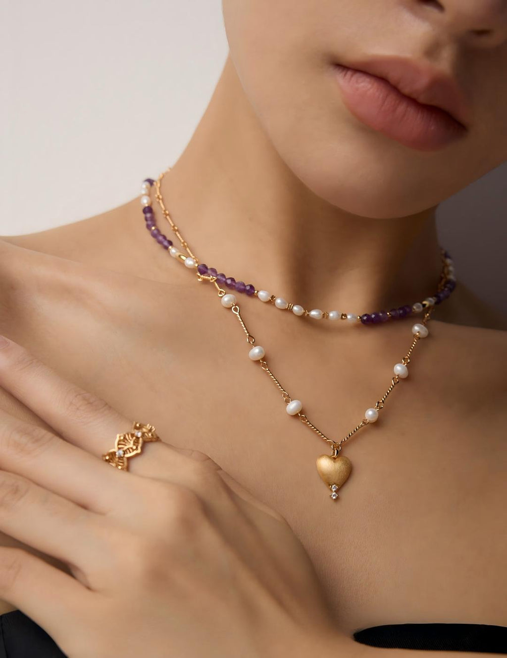 Frosted Heart Pearl Necklace — 18K Gold Vermeil, natural freshwater pearl, cubic zirconia | SENLORE