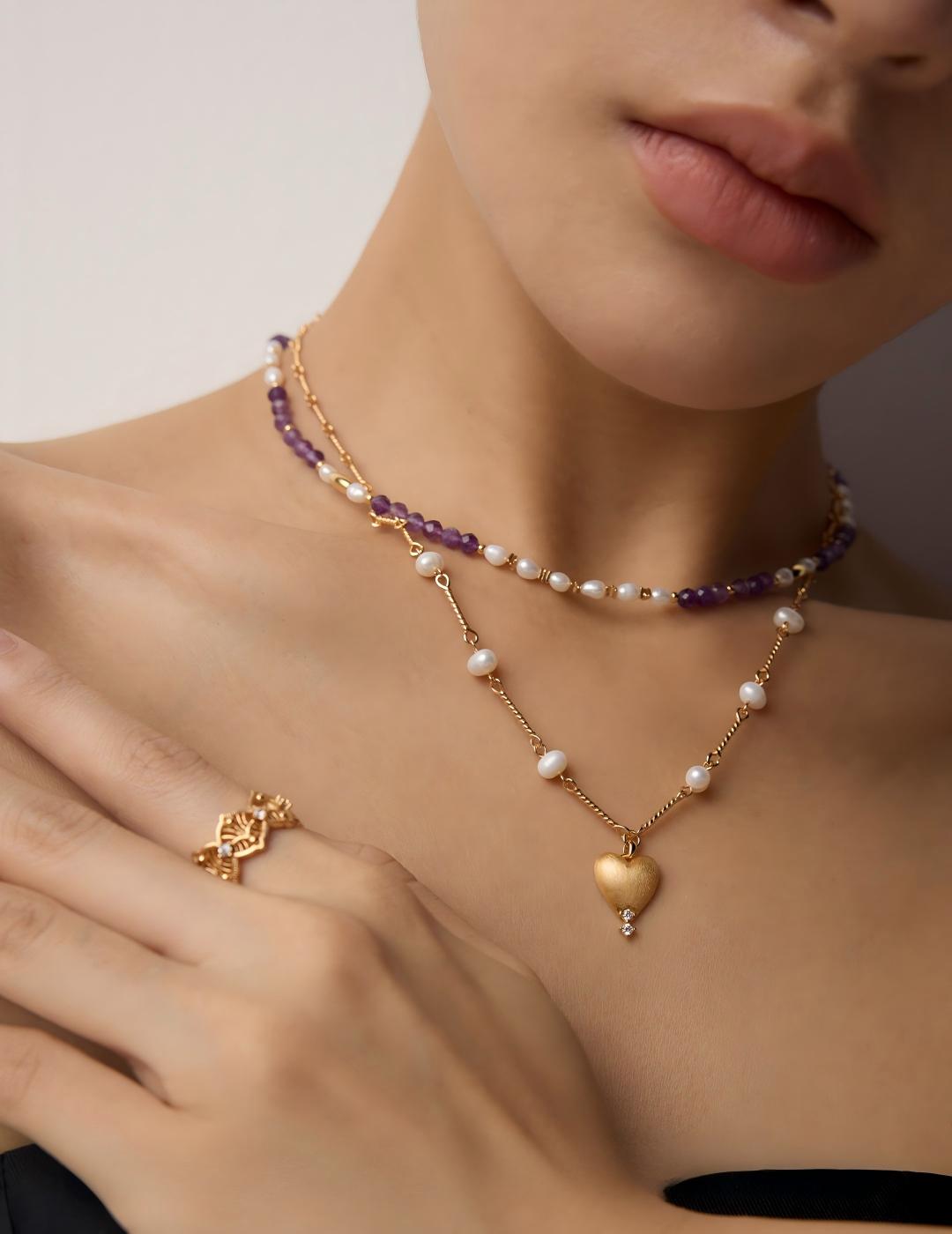 Frosted Heart Pearl Necklace — 18K Gold Vermeil, natural freshwater pearl, cubic zirconia | SENLORE