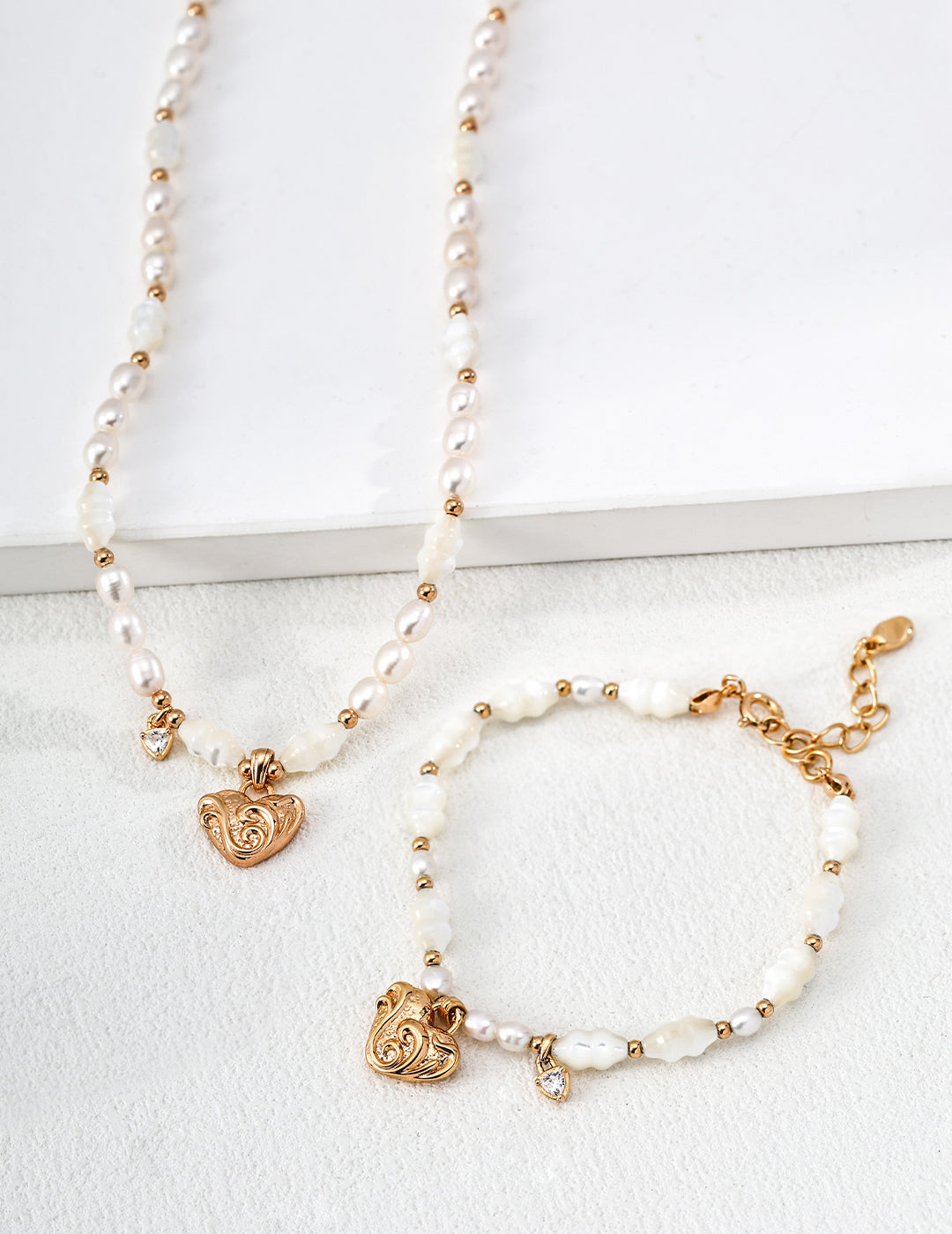 Heart Scrollwork Mother-of-Pearl Necklace — Sterling Silver, 18K Gold Vermeil, natural freshwater pearl, mother-of-pearl | SENLORE
