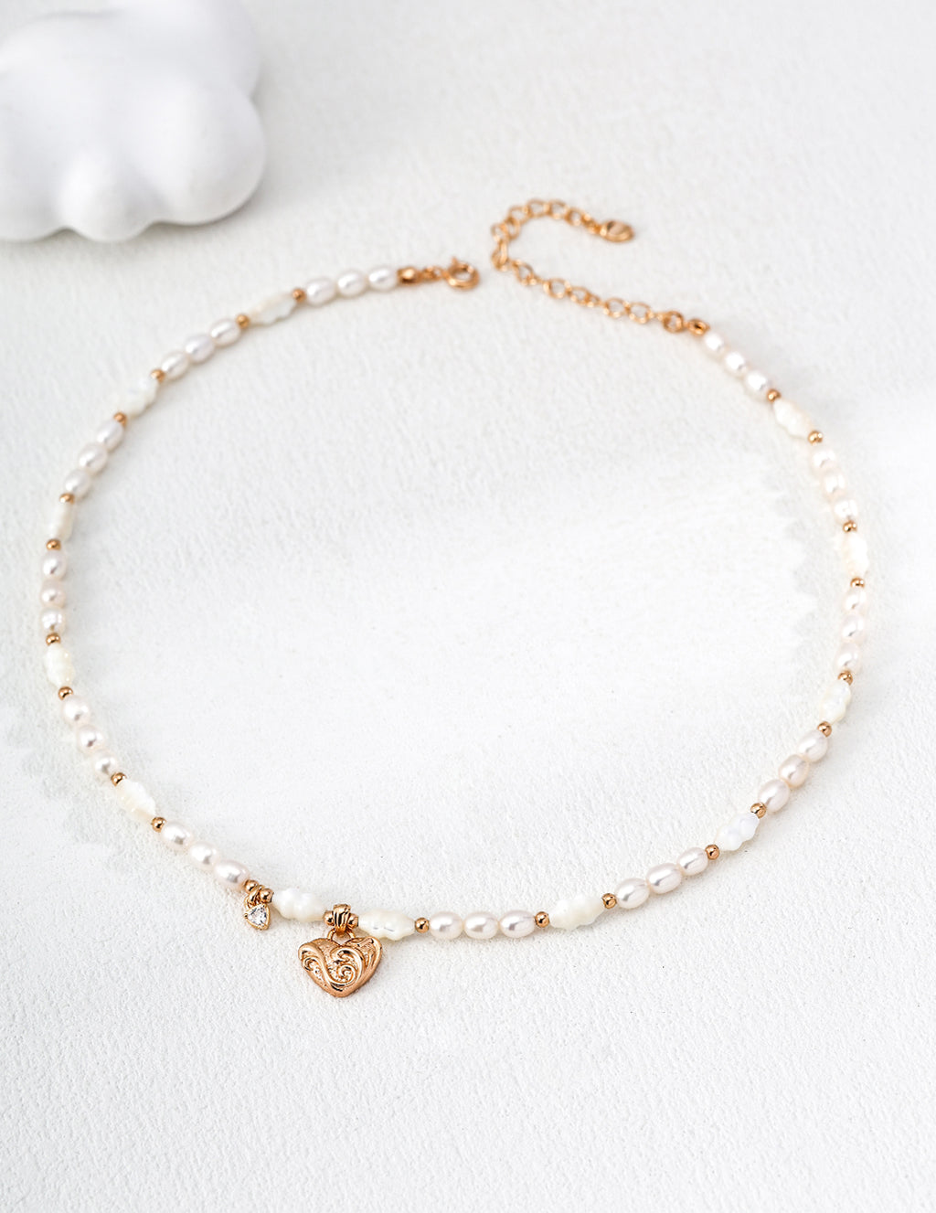 Heart Scrollwork Mother-of-Pearl Necklace — Sterling Silver, 18K Gold Vermeil, natural freshwater pearl, mother-of-pearl | SENLORE