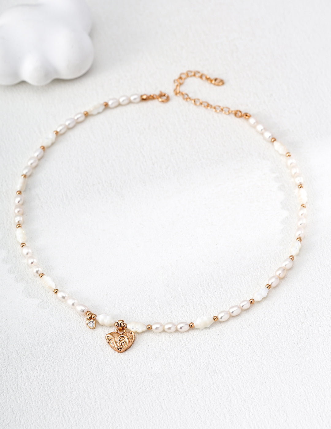 Heart Scrollwork Mother-of-Pearl Necklace — Sterling Silver, 18K Gold Vermeil, natural freshwater pearl, mother-of-pearl | SENLORE