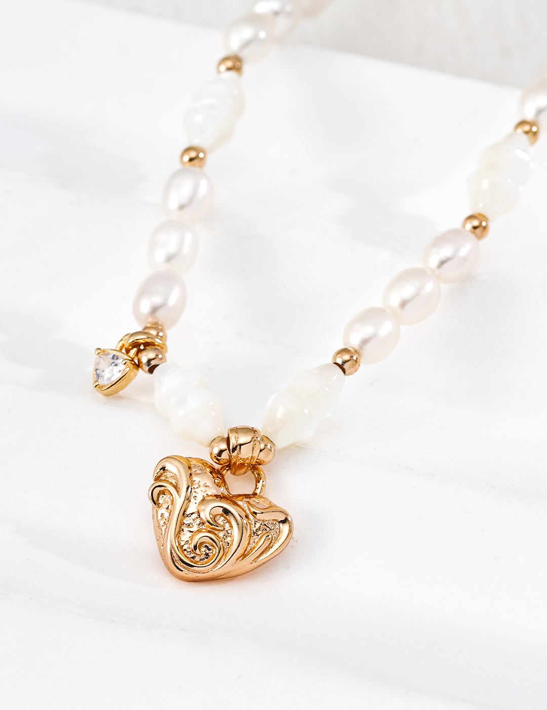 Heart Scrollwork Mother-of-Pearl Necklace — Sterling Silver, 18K Gold Vermeil, natural freshwater pearl, mother-of-pearl | SENLORE
