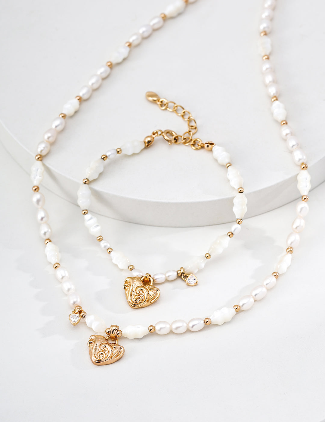Heart Scrollwork Mother-of-Pearl Necklace — Sterling Silver, 18K Gold Vermeil, natural freshwater pearl, mother-of-pearl | SENLORE
