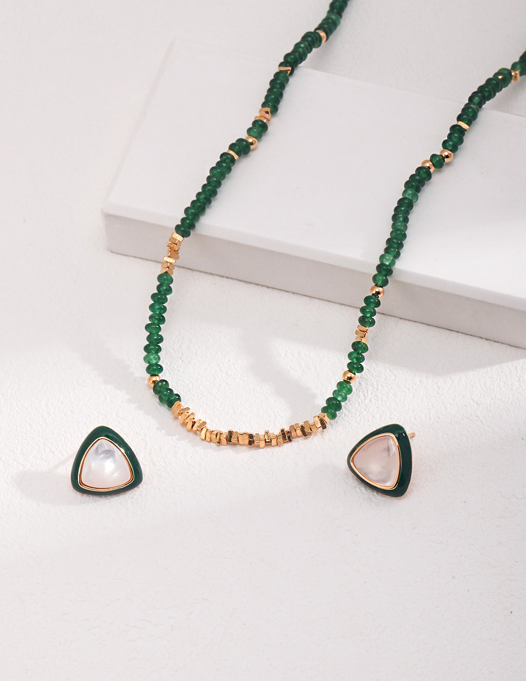 Green Triangle Mother-of-Pearl Earrings — 18K Gold Vermeil, white mother-of-pearl | SENLORE