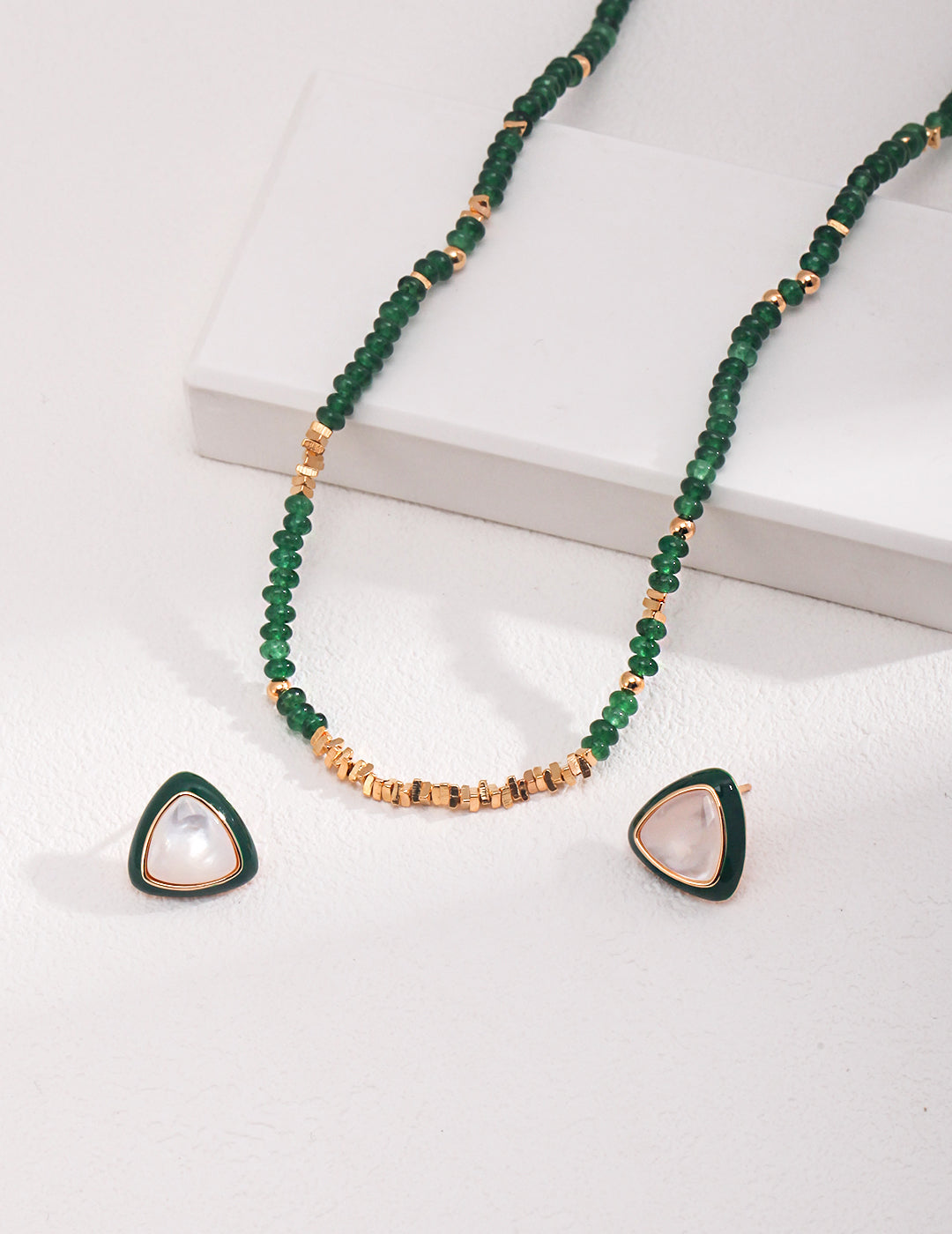 Green Triangle Mother-of-Pearl Earrings — 18K Gold Vermeil, white mother-of-pearl | SENLORE