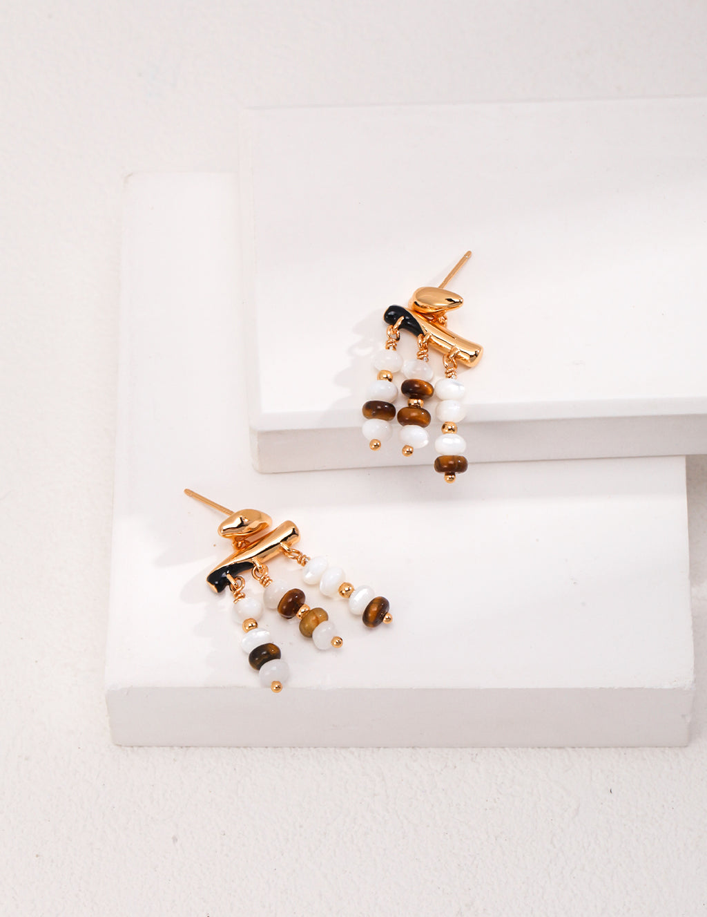 Tiger's Eye Tassel Earrings — 18K Gold Vermeil, tiger's eye, mother-of-pearl, natural freshwater pearl | SENLORE