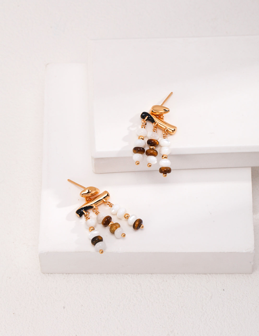 Tiger's Eye Tassel Earrings — 18K Gold Vermeil, tiger's eye, mother-of-pearl, natural freshwater pearl | SENLORE