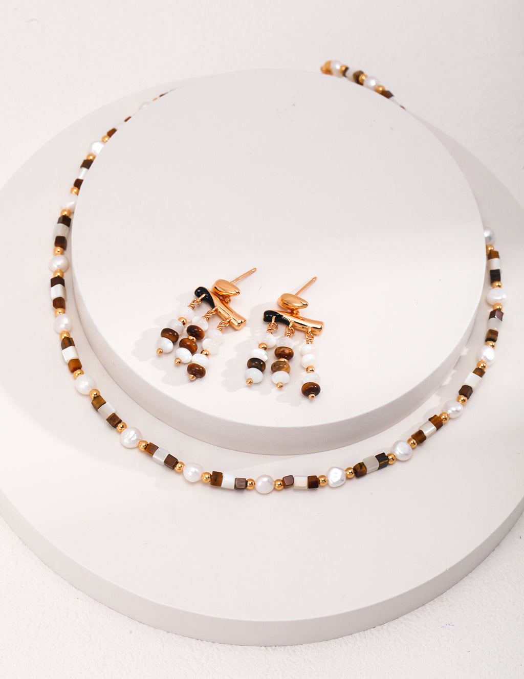 Tiger's Eye Tassel Earrings — 18K Gold Vermeil, tiger's eye, mother-of-pearl, natural freshwater pearl | SENLORE
