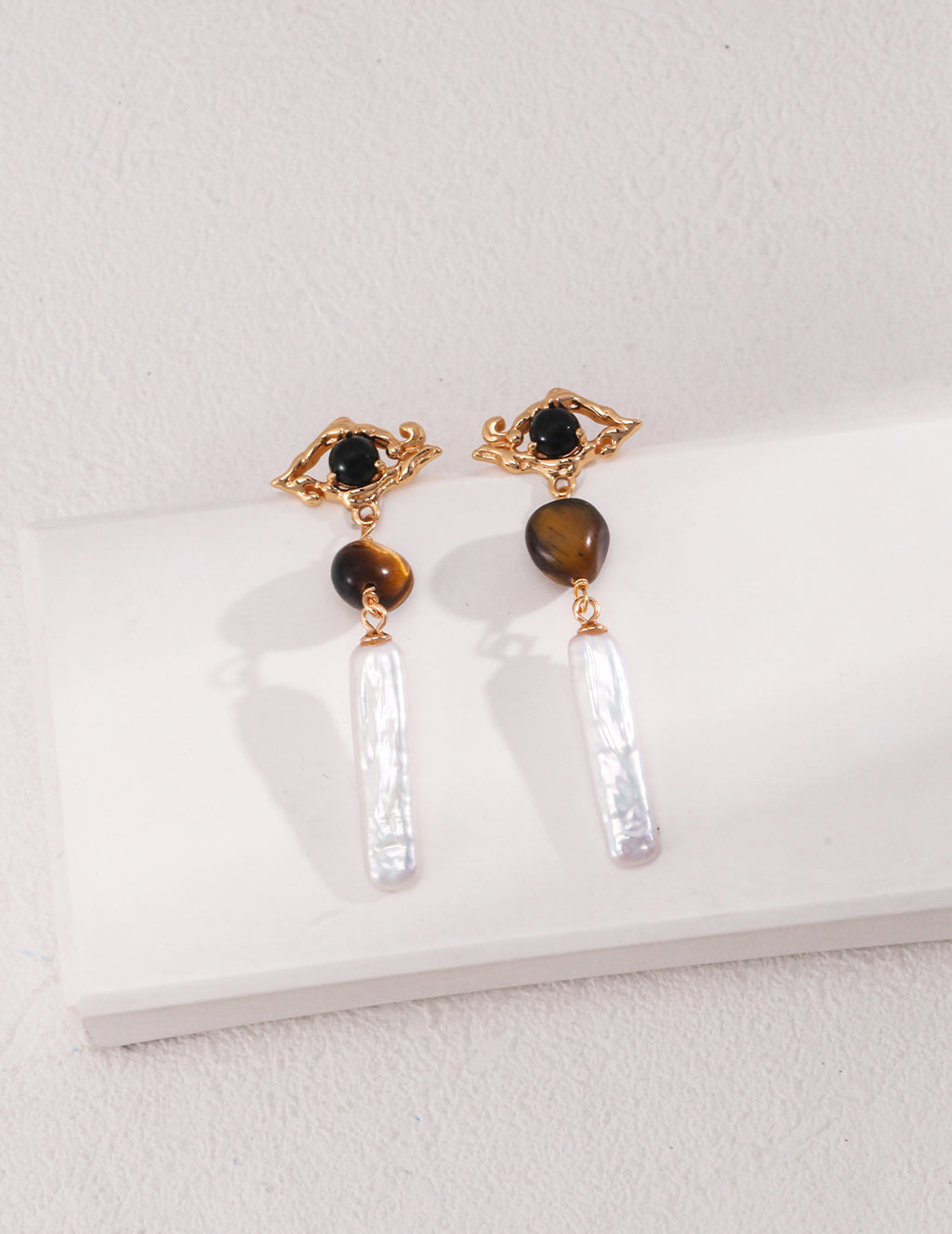 Tiger's Eye Long Baroque Earrings — 18K Gold Vermeil, tiger's eye, natural elongated baroque pearl | SENLORE