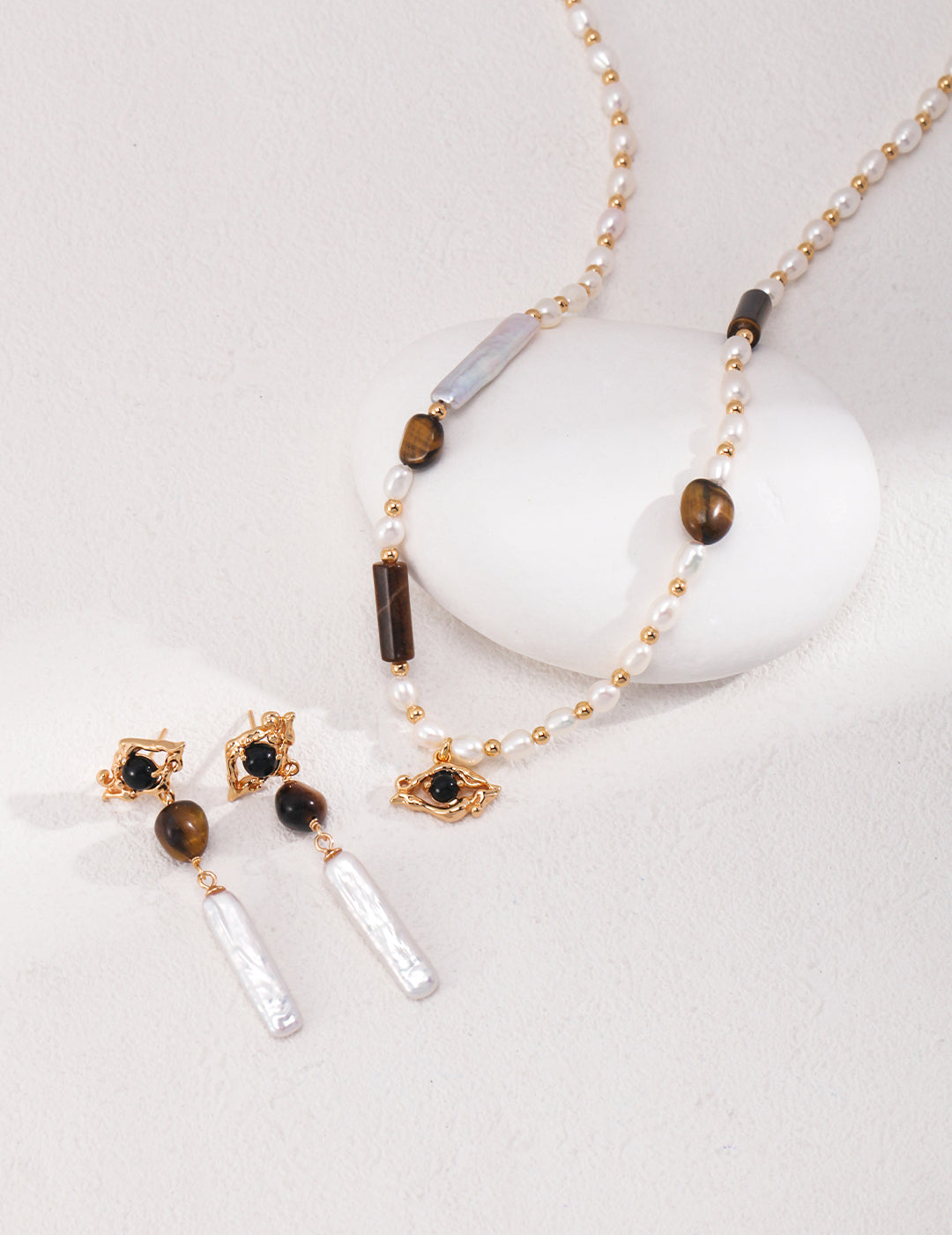 Tiger's Eye Long Baroque Earrings — 18K Gold Vermeil, tiger's eye, natural elongated baroque pearl | SENLORE