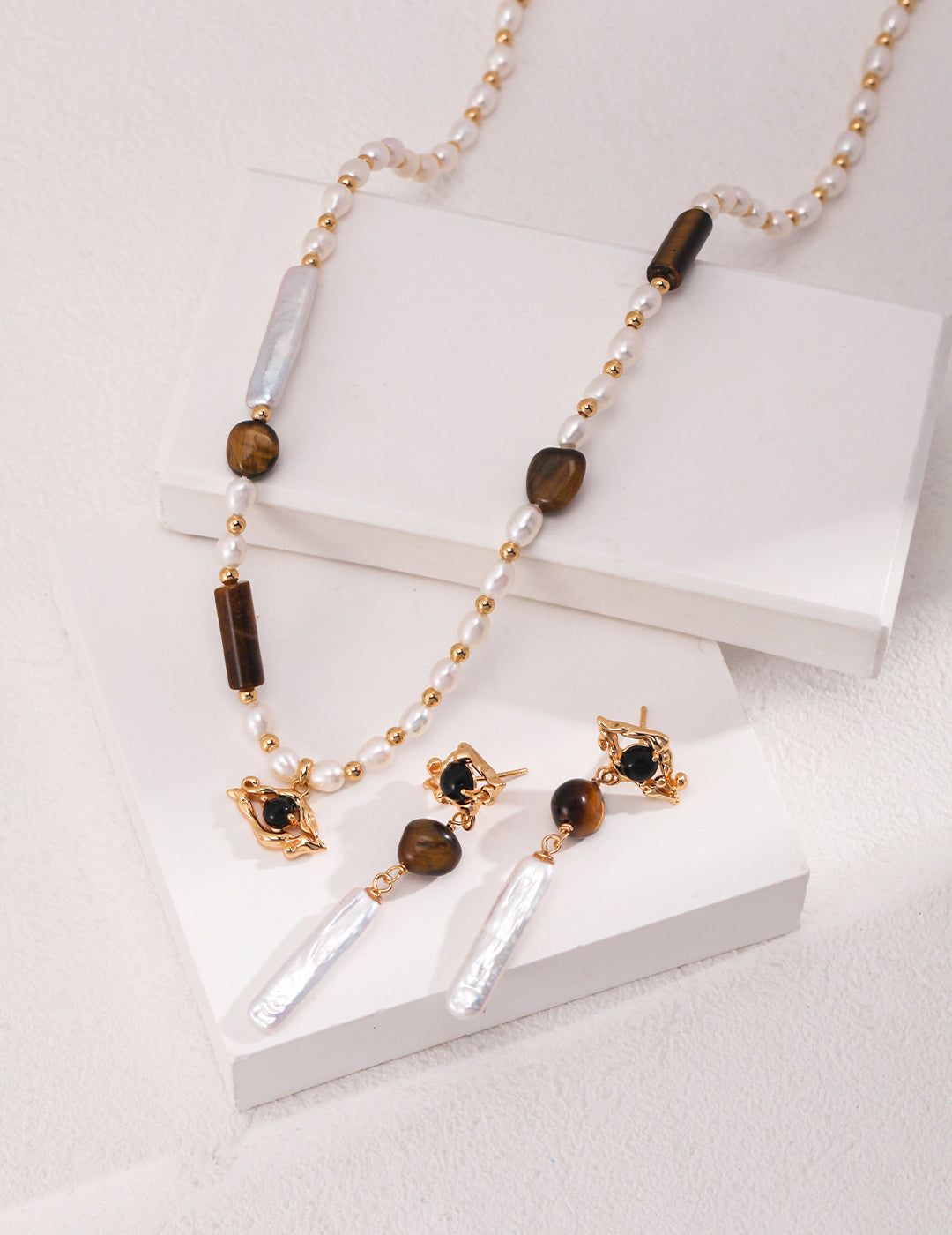 Tiger's Eye Long Baroque Earrings — 18K Gold Vermeil, tiger's eye, natural elongated baroque pearl | SENLORE