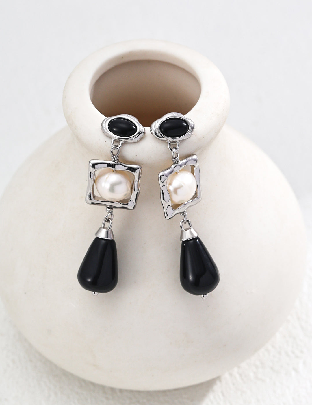 Pearl Black Agate Earrings — Sterling Silver, 18K Gold Vermeil, natural freshwater pearl, black agate | SENLORE