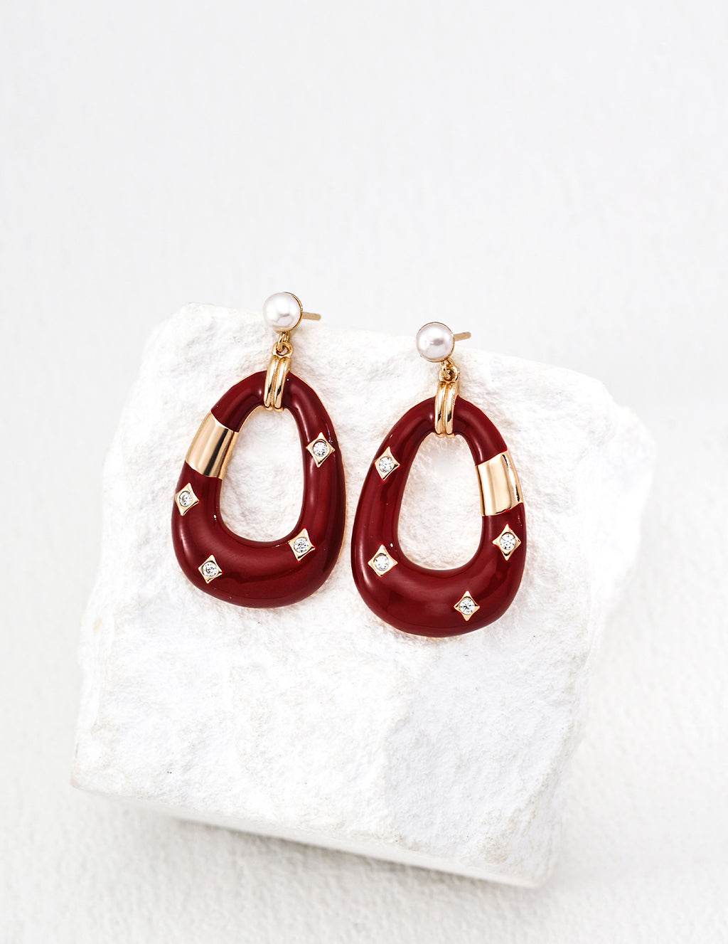 Vintage Pearl Zircon Red Enamel Earrings — 18K Gold Vermeil, cubic zirconia, natural freshwater pearl | SENLORE