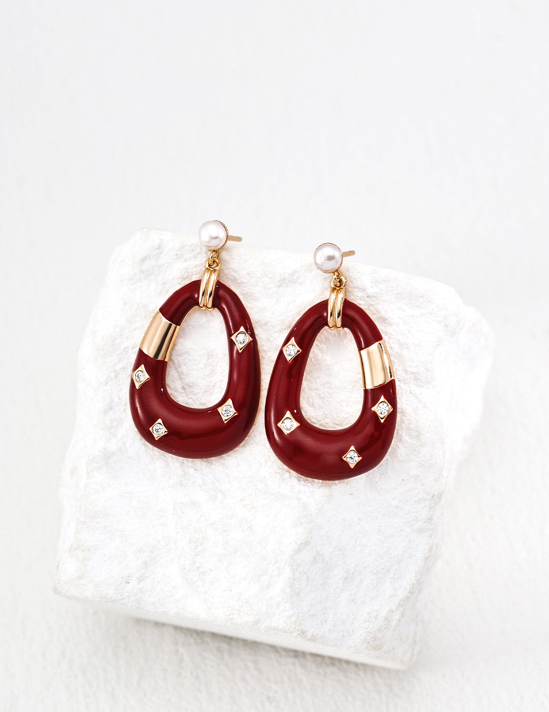 Vintage Pearl Zircon Red Enamel Earrings — 18K Gold Vermeil, cubic zirconia, natural freshwater pearl | SENLORE