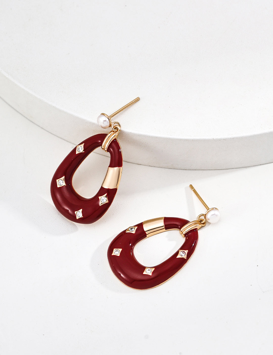 Vintage Pearl Zircon Red Enamel Earrings — 18K Gold Vermeil, cubic zirconia, natural freshwater pearl | SENLORE