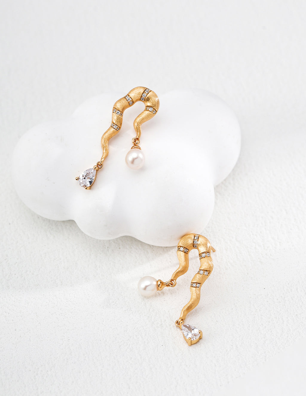 Hand-Brushed Pearl Zircon Earrings — 18K Gold Vermeil, natural freshwater pearl, cubic zirconia | SENLORE