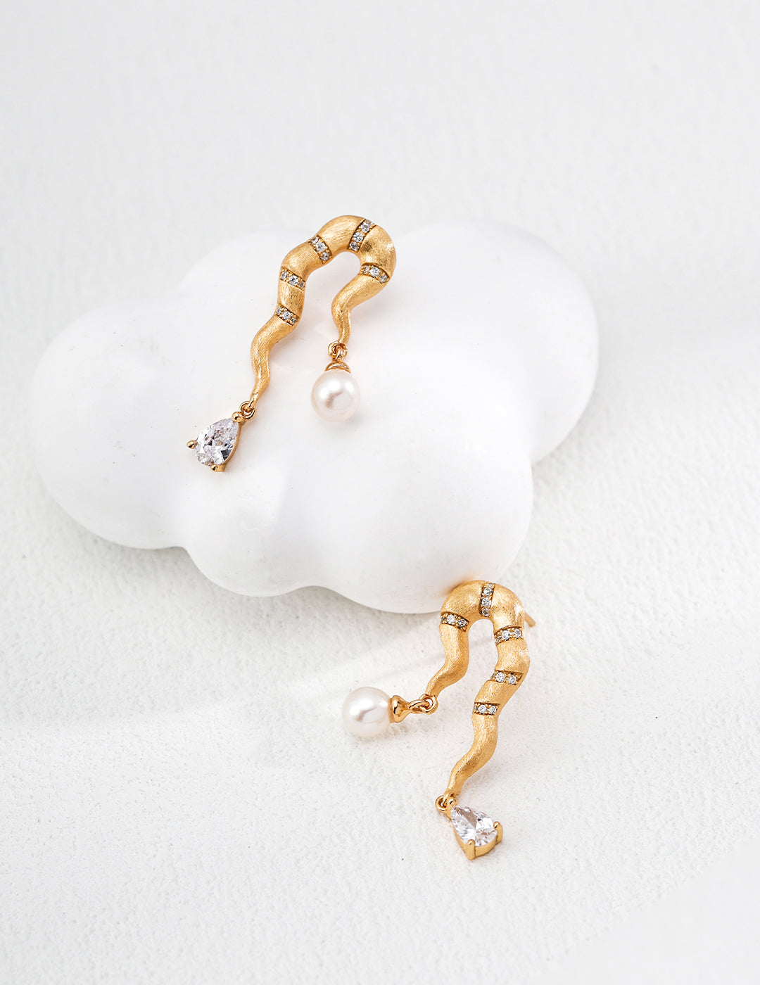 Hand-Brushed Pearl Zircon Earrings — 18K Gold Vermeil, natural freshwater pearl, cubic zirconia | SENLORE