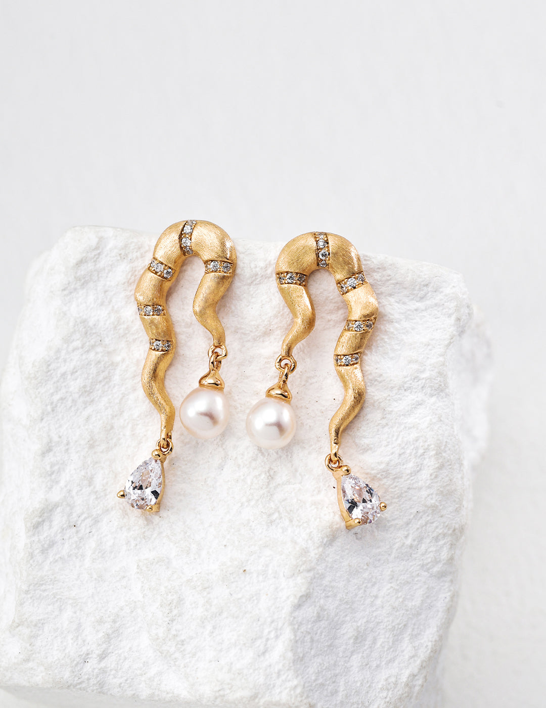 Hand-Brushed Pearl Zircon Earrings — 18K Gold Vermeil, natural freshwater pearl, cubic zirconia | SENLORE
