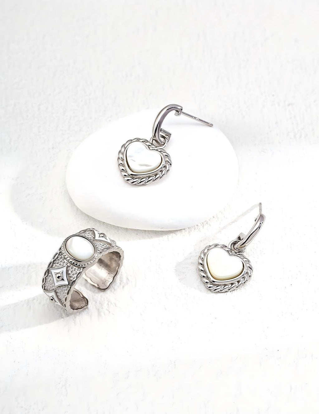 White Mother-of-Pearl Heart Earrings — Sterling Silver, 18K Gold Vermeil, mother-of-pearl | SENLORE