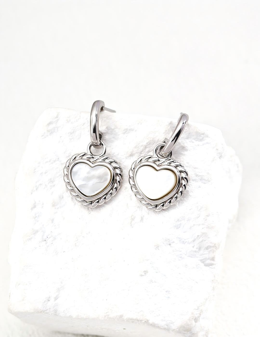 White Mother-of-Pearl Heart Earrings — Sterling Silver, 18K Gold Vermeil, mother-of-pearl | SENLORE