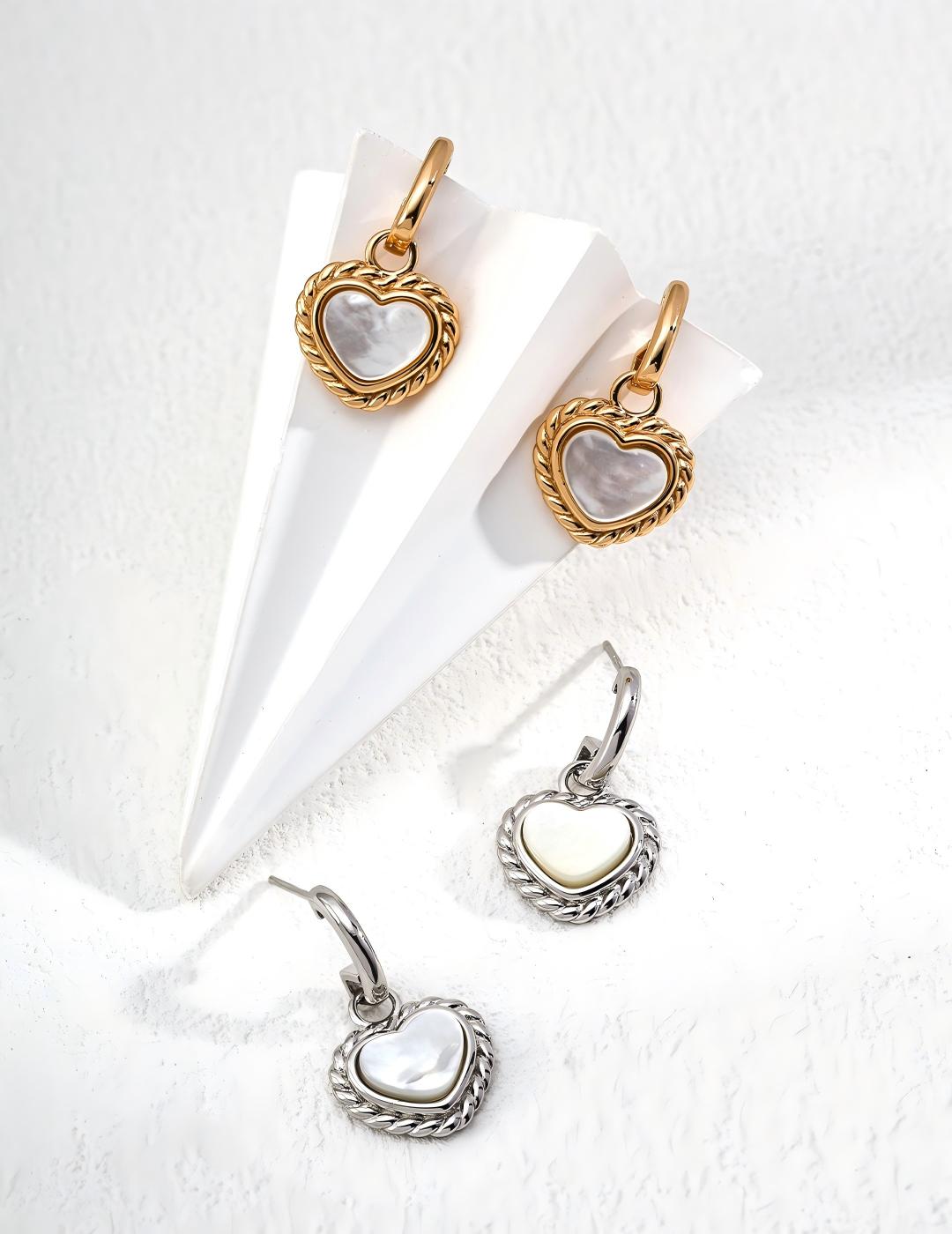 White Mother-of-Pearl Heart Earrings — Sterling Silver, 18K Gold Vermeil, mother-of-pearl | SENLORE