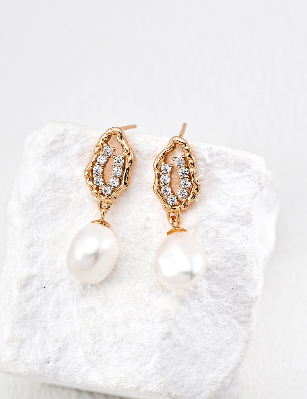Pearl Zircon Earrings — 18K Gold Vermeil, natural freshwater pearl, cubic zirconia | SENLORE