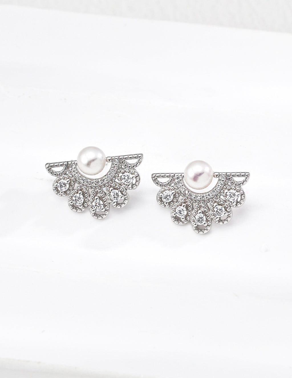 Court Floral Pearl Zircon Earrings — Sterling Silver, 18K Gold Vermeil, natural freshwater pearl, cubic zirconia | SENLORE