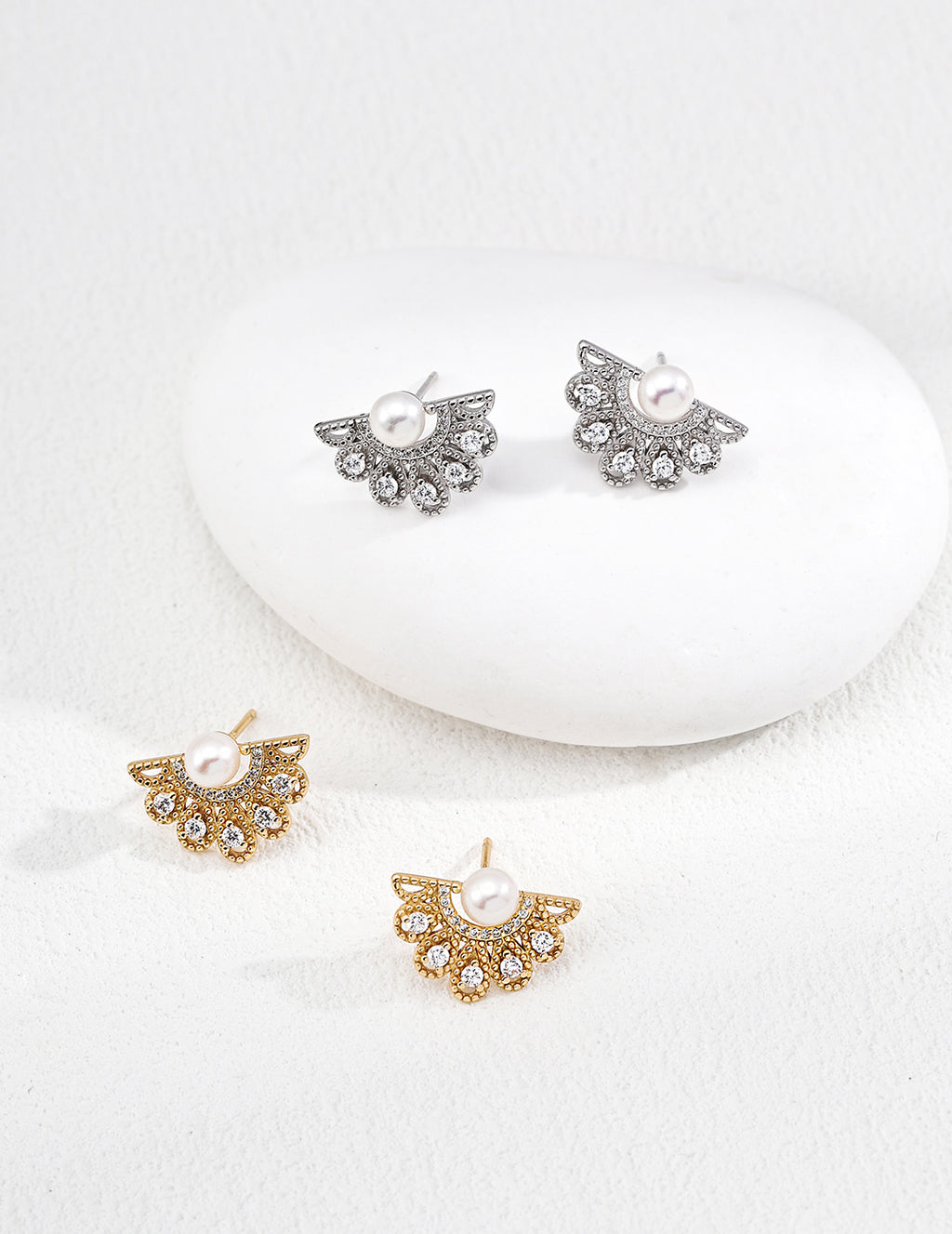 Court Floral Pearl Zircon Earrings — Sterling Silver, 18K Gold Vermeil, natural freshwater pearl, cubic zirconia | SENLORE
