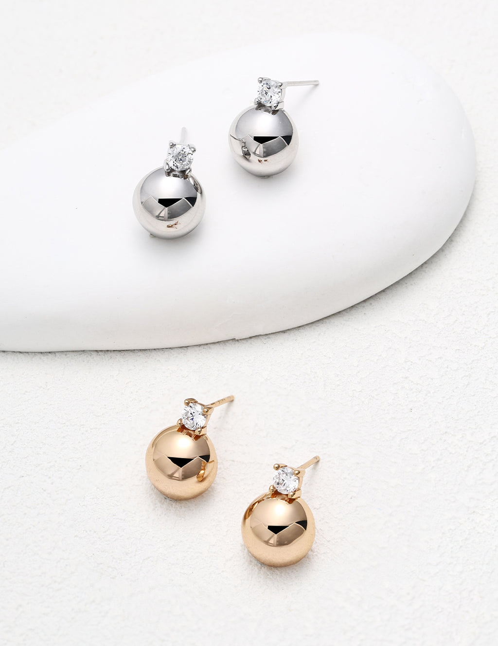 Silver Sphere Stud Earrings — Sterling Silver, 18K Gold Vermeil, cubic zirconia | SENLORE