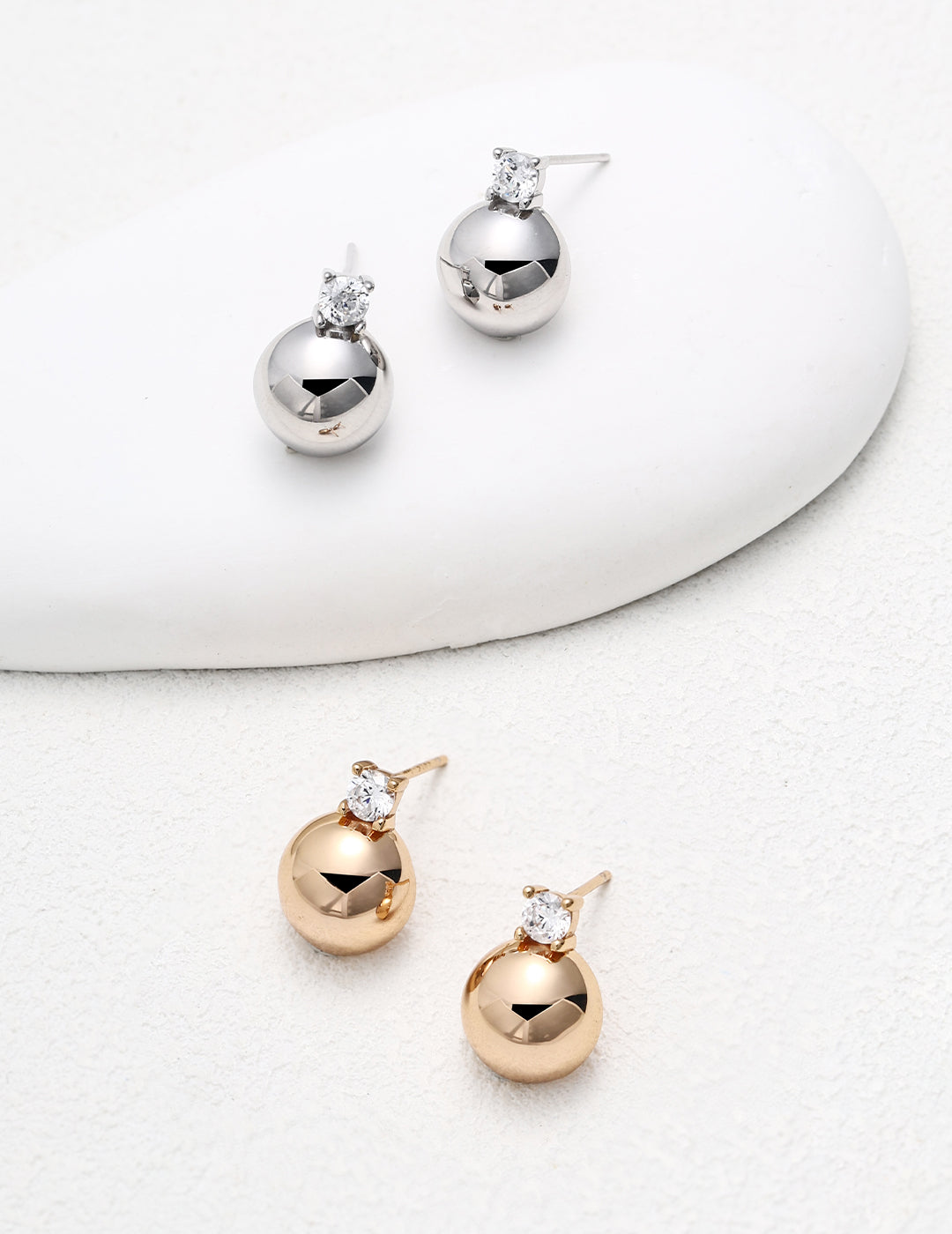 Silver Sphere Stud Earrings — Sterling Silver, 18K Gold Vermeil, cubic zirconia | SENLORE