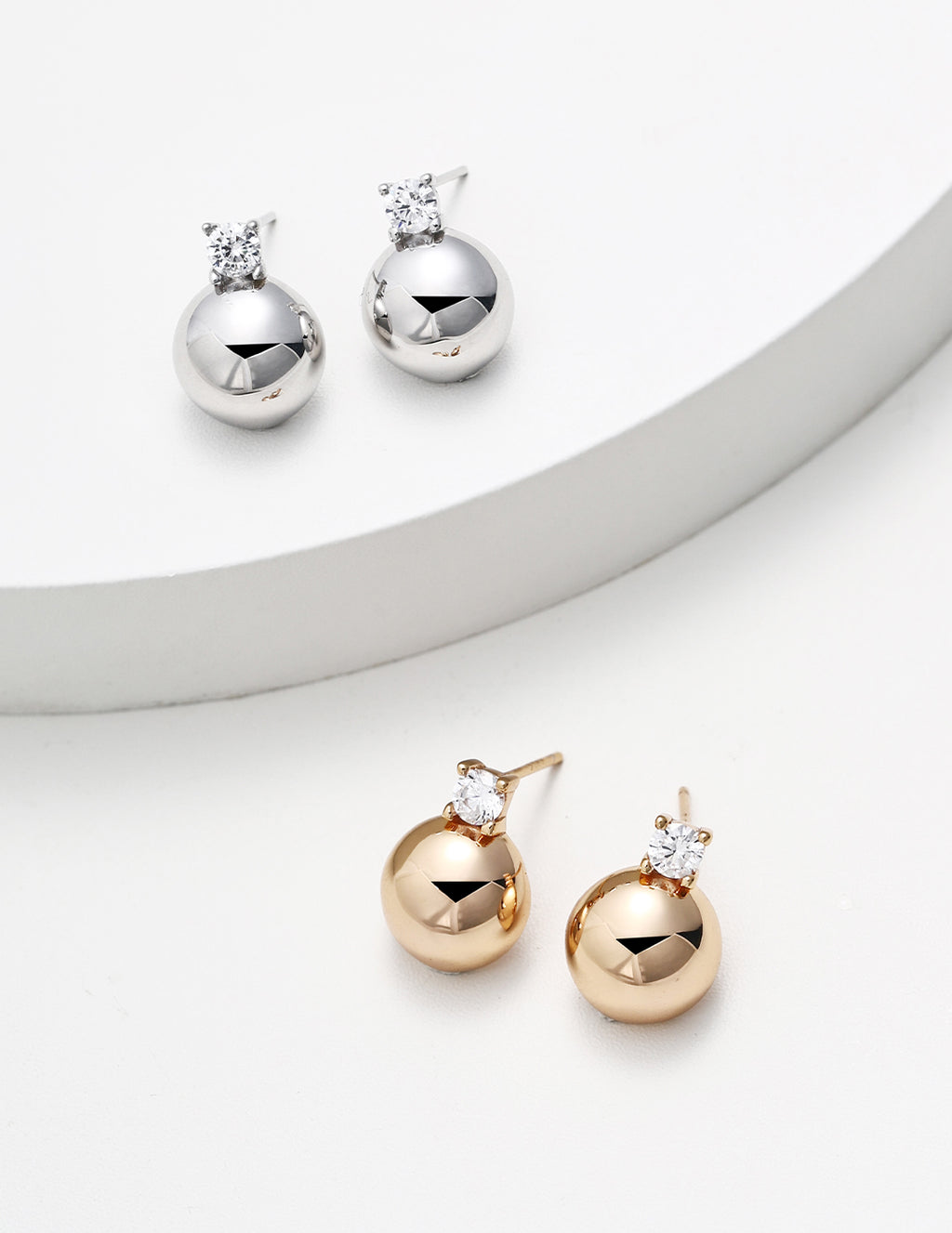 Silver Sphere Stud Earrings — Sterling Silver, 18K Gold Vermeil, cubic zirconia | SENLORE