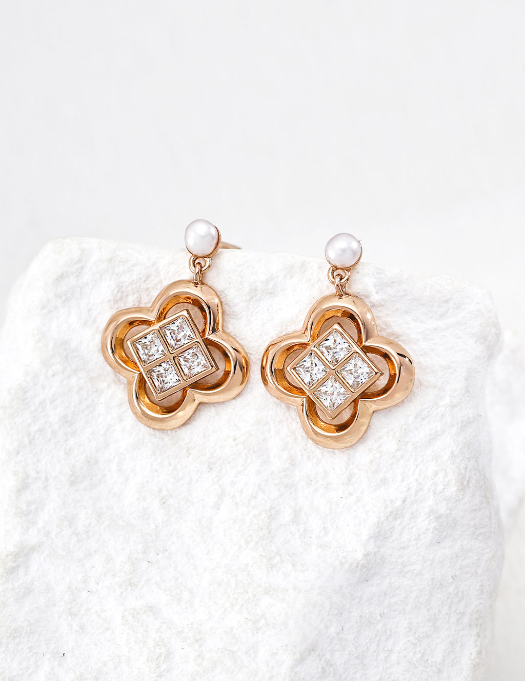 Lucky Four-Leaf Flower Earrings — Sterling Silver, 18K Gold Vermeil, natural freshwater pearl, cubic zirconia | SENLORE