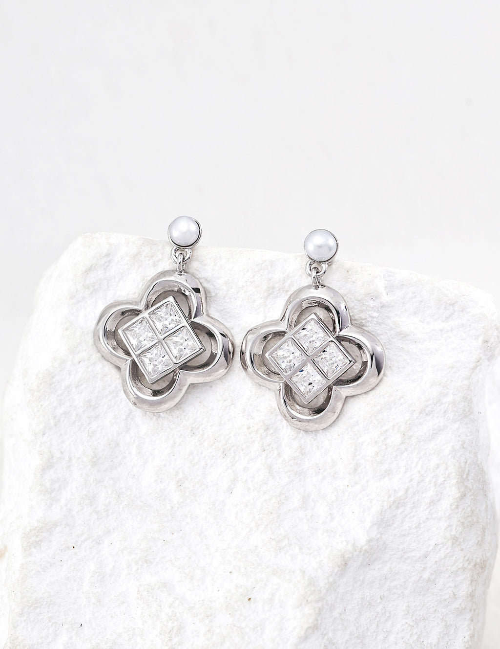 Lucky Four-Leaf Flower Earrings — Sterling Silver, 18K Gold Vermeil, natural freshwater pearl, cubic zirconia | SENLORE