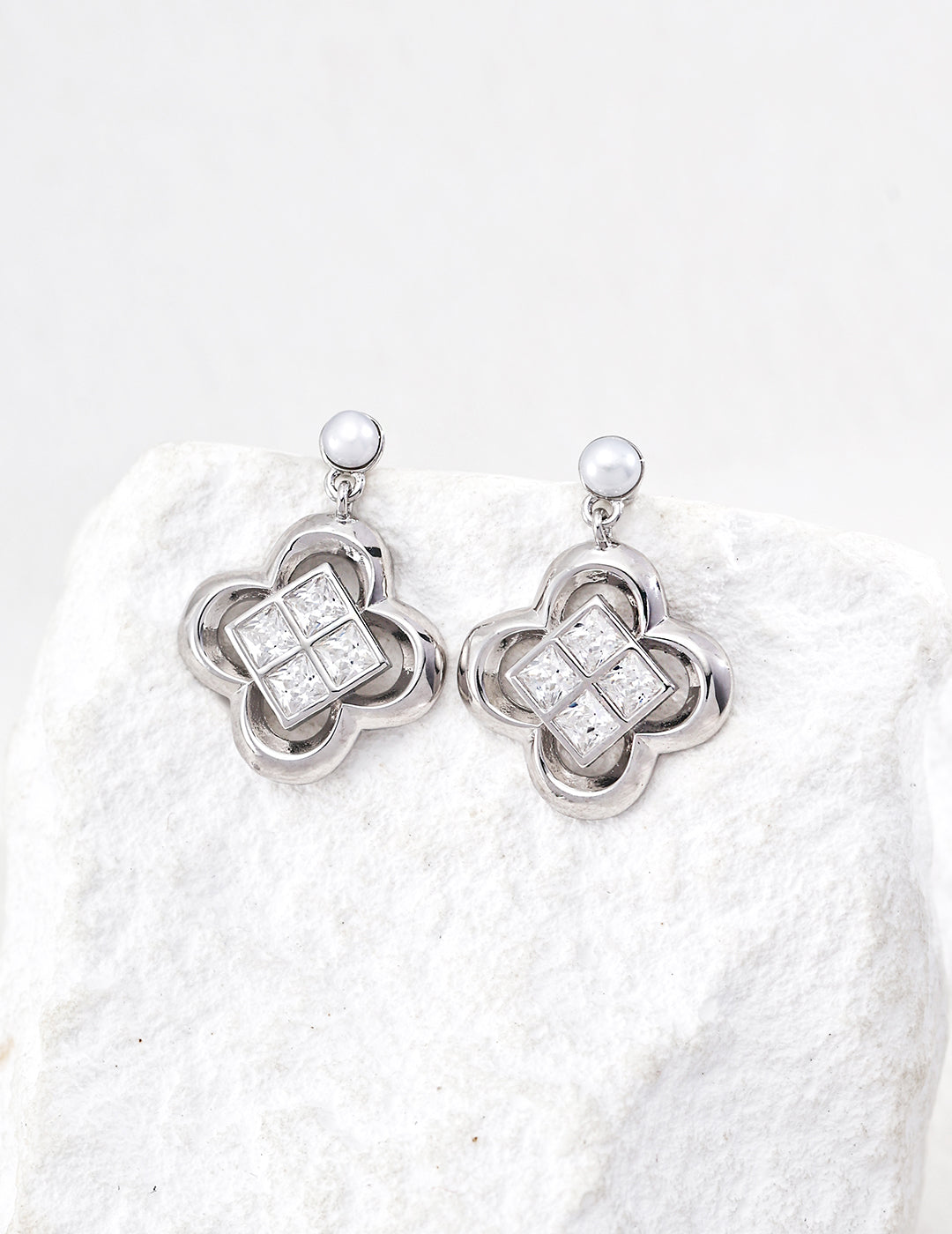 Lucky Four-Leaf Flower Earrings — Sterling Silver, 18K Gold Vermeil, natural freshwater pearl, cubic zirconia | SENLORE