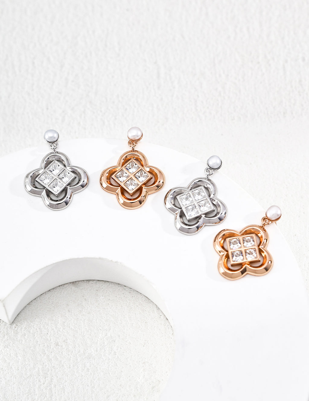Lucky Four-Leaf Flower Earrings — Sterling Silver, 18K Gold Vermeil, natural freshwater pearl, cubic zirconia | SENLORE