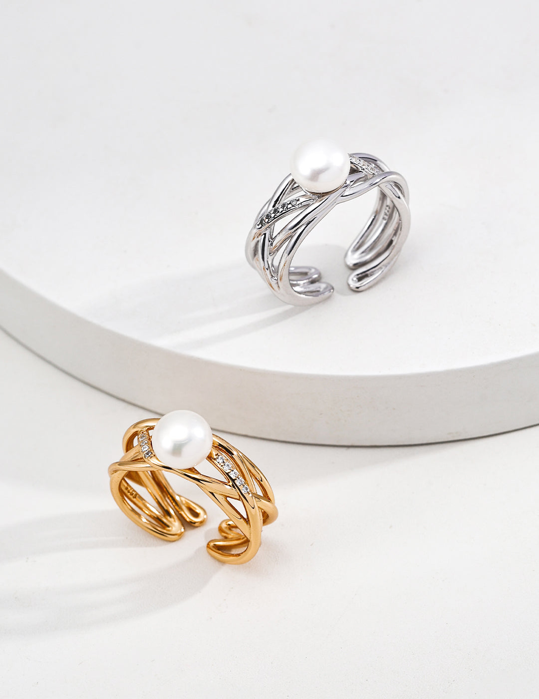 Line Pearl Zircon Ring — Sterling Silver, 18K Gold Vermeil, natural freshwater pearl, cubic zirconia | SENLORE