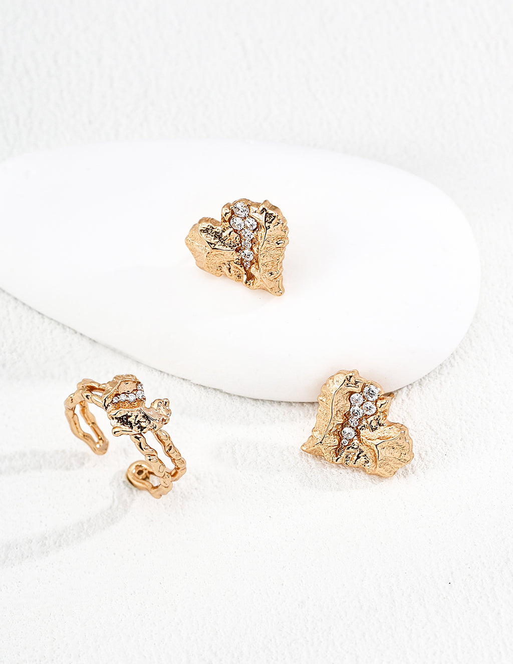 Heart Rock Texture Earrings — 18K Gold Vermeil, cubic zirconia | SENLORE