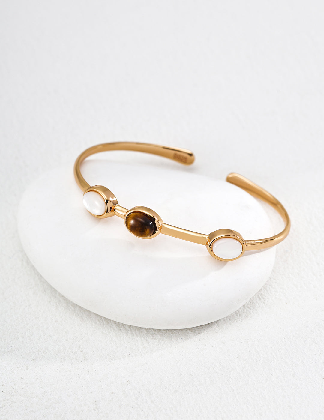 Tiger's Eye Fortune Bangle — 18K Gold Vermeil, tiger's eye, white shell | SENLORE