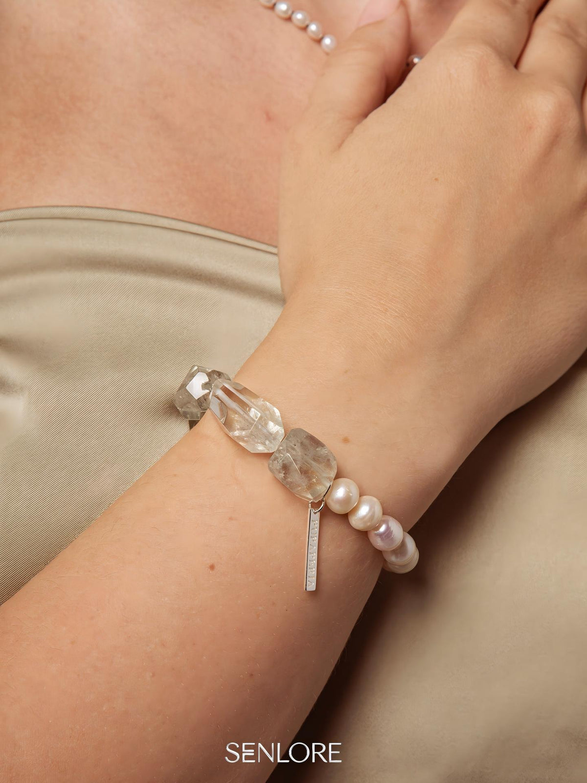 White Moonlight Crystal Bracelet — white seed beads, green quartz freeform nuggets... | SENLORE