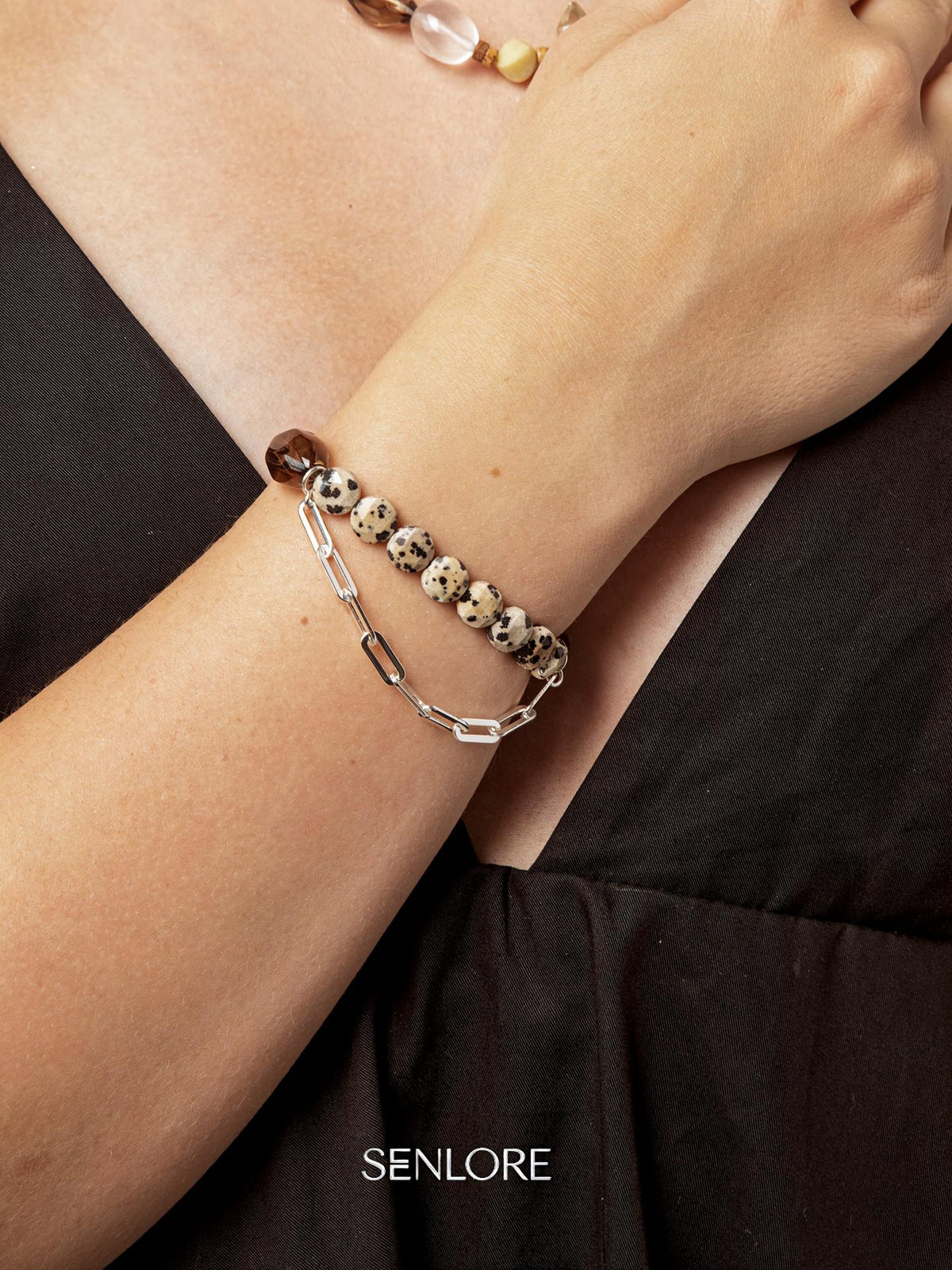 Smoky Quartz Dot Crystal Bracelet — large freeform smoky quartz & disc stone & S925 Sterling Silver | SENLORE
