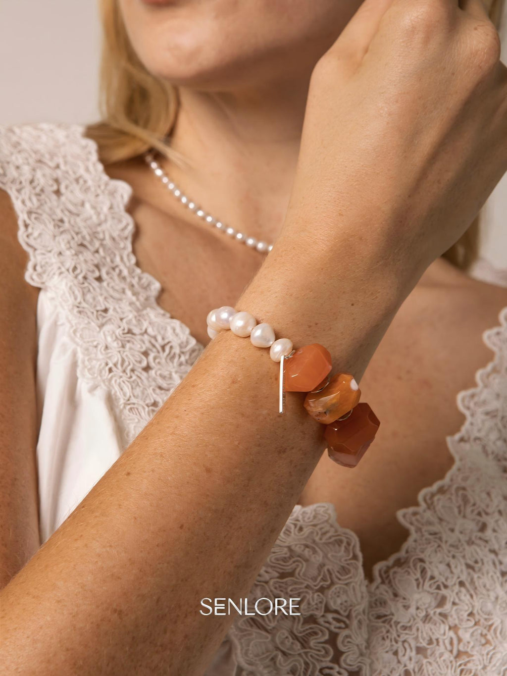 Red Agate Pearl Bracelet — Persian red agate & natural freshwater pearl & S925 Sterling Silver | SENLORE
