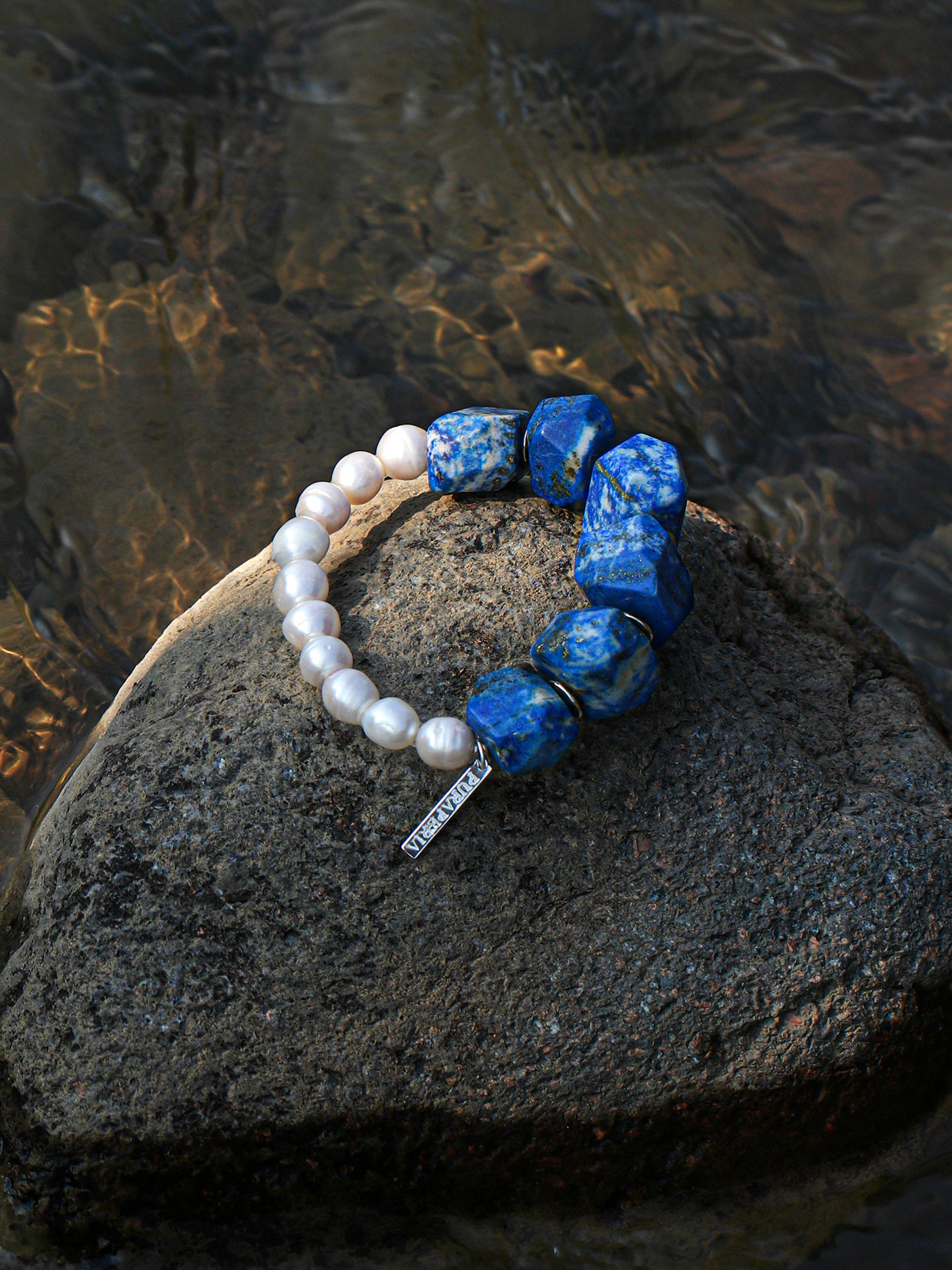 Enchantress Pearl Bracelet — freshwater pearl & freeform lapis lazuli & S925 Sterling Silver | SENLORE